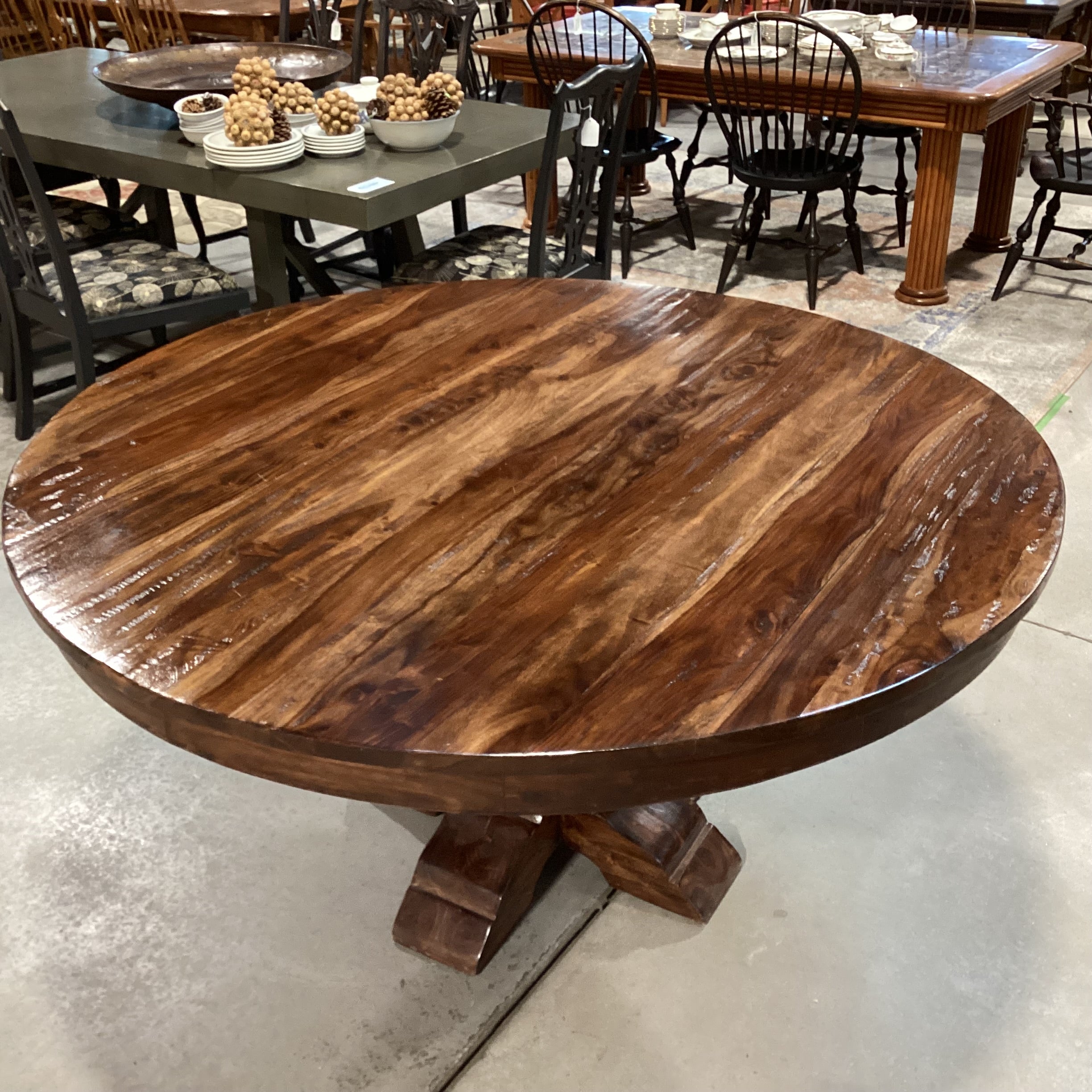 Dark Distressed Finish Round Solid Wood with Pedestal Dining Table 60" Diameter x 30.5"