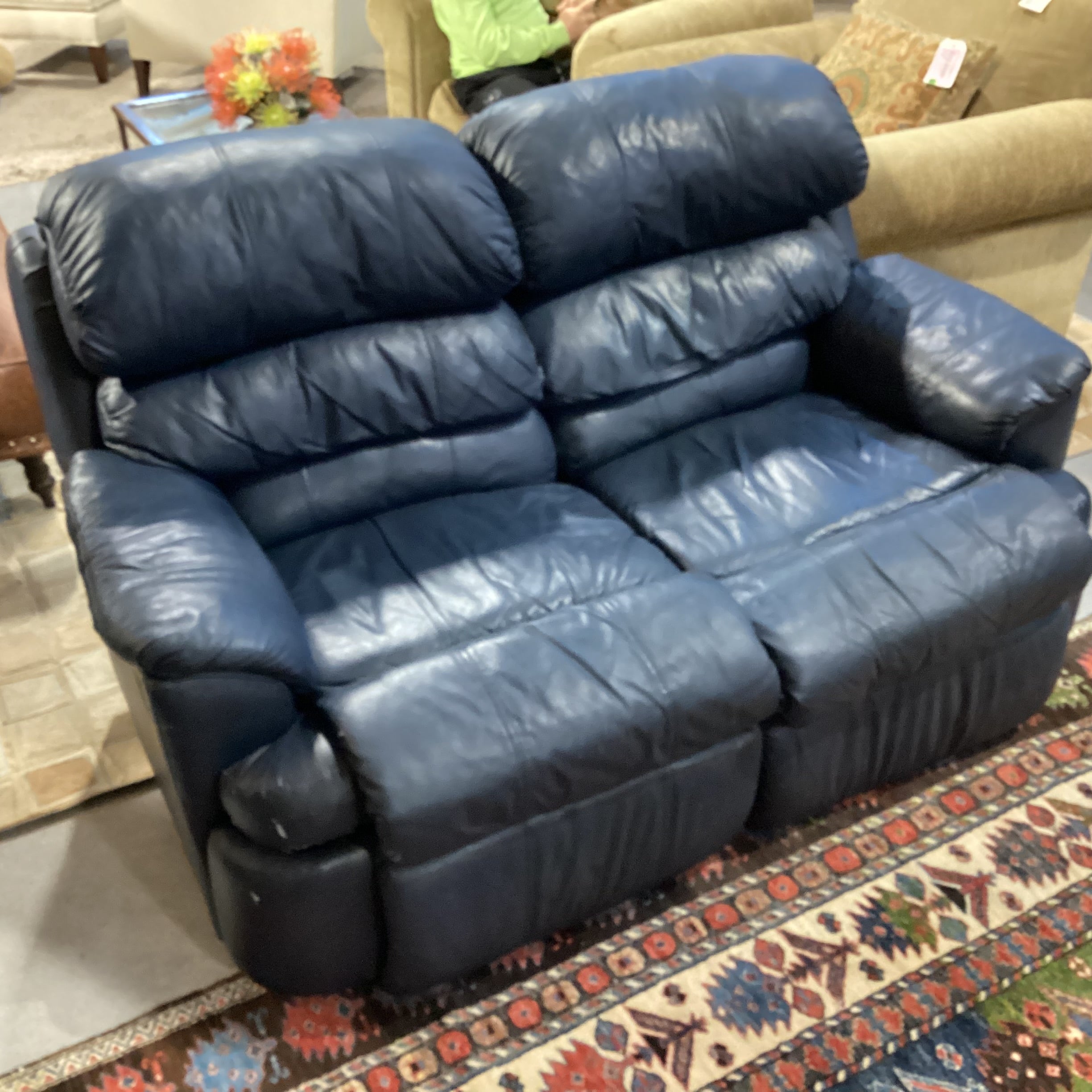 Navy Leather Double Recliner Loveseat Sofa 64"x 40"x 37"