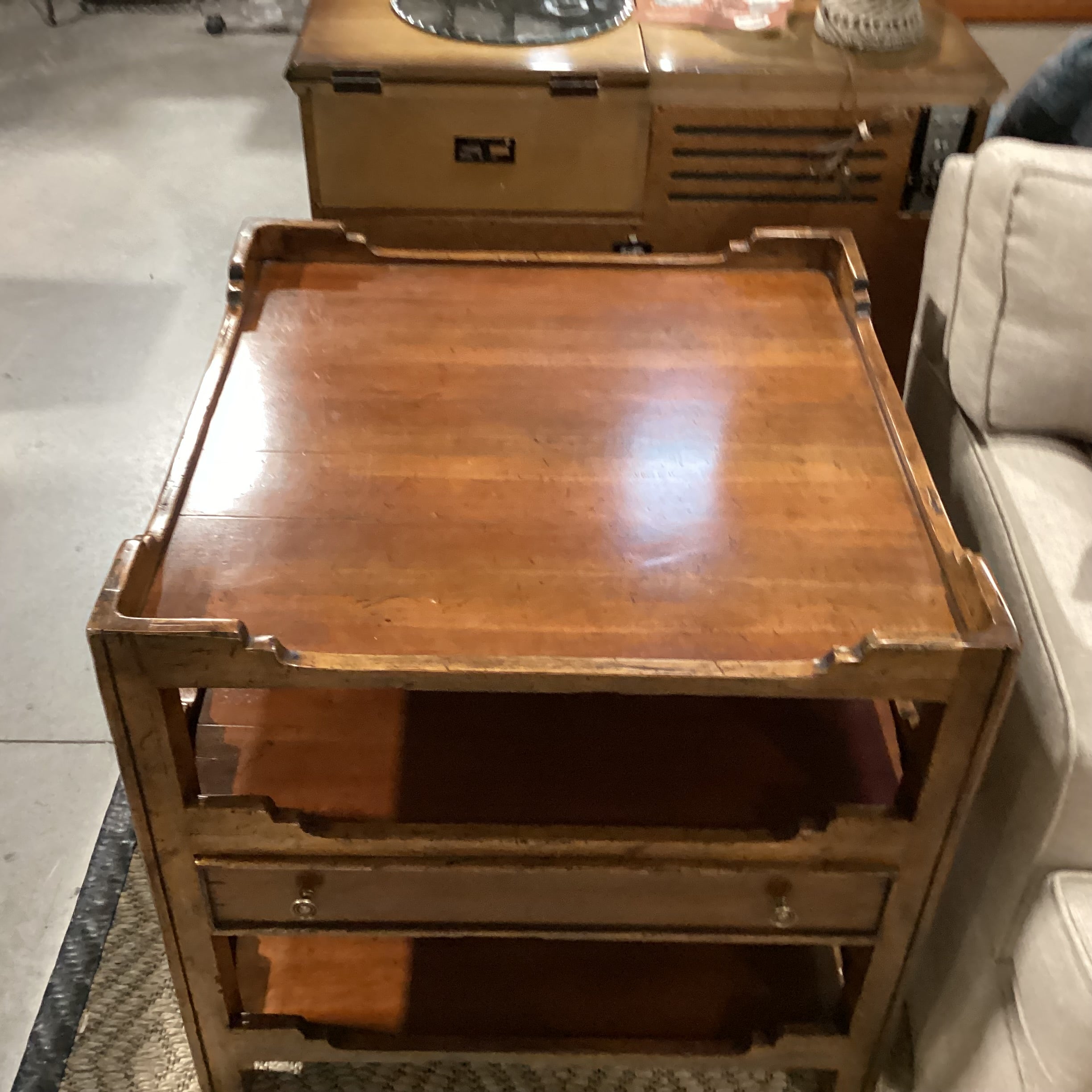 Distressed Carved Wood 3 Tiered 1 Drawer Accent Table 30"x 30"x 29.5"