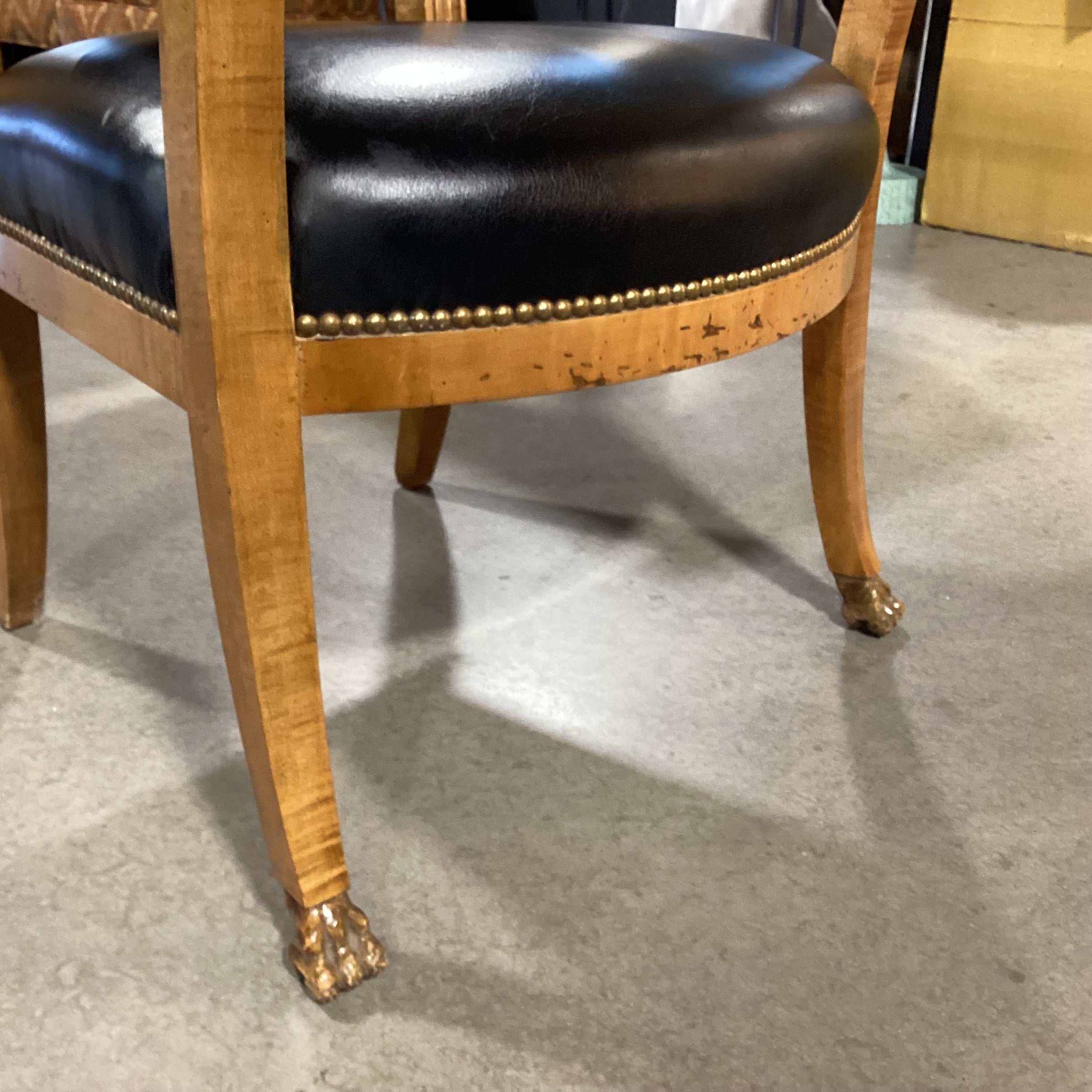 Brustlin Workshop Ornate Carved Wood Black Leather Nailhead Chair 25"x 28"x 35.5"