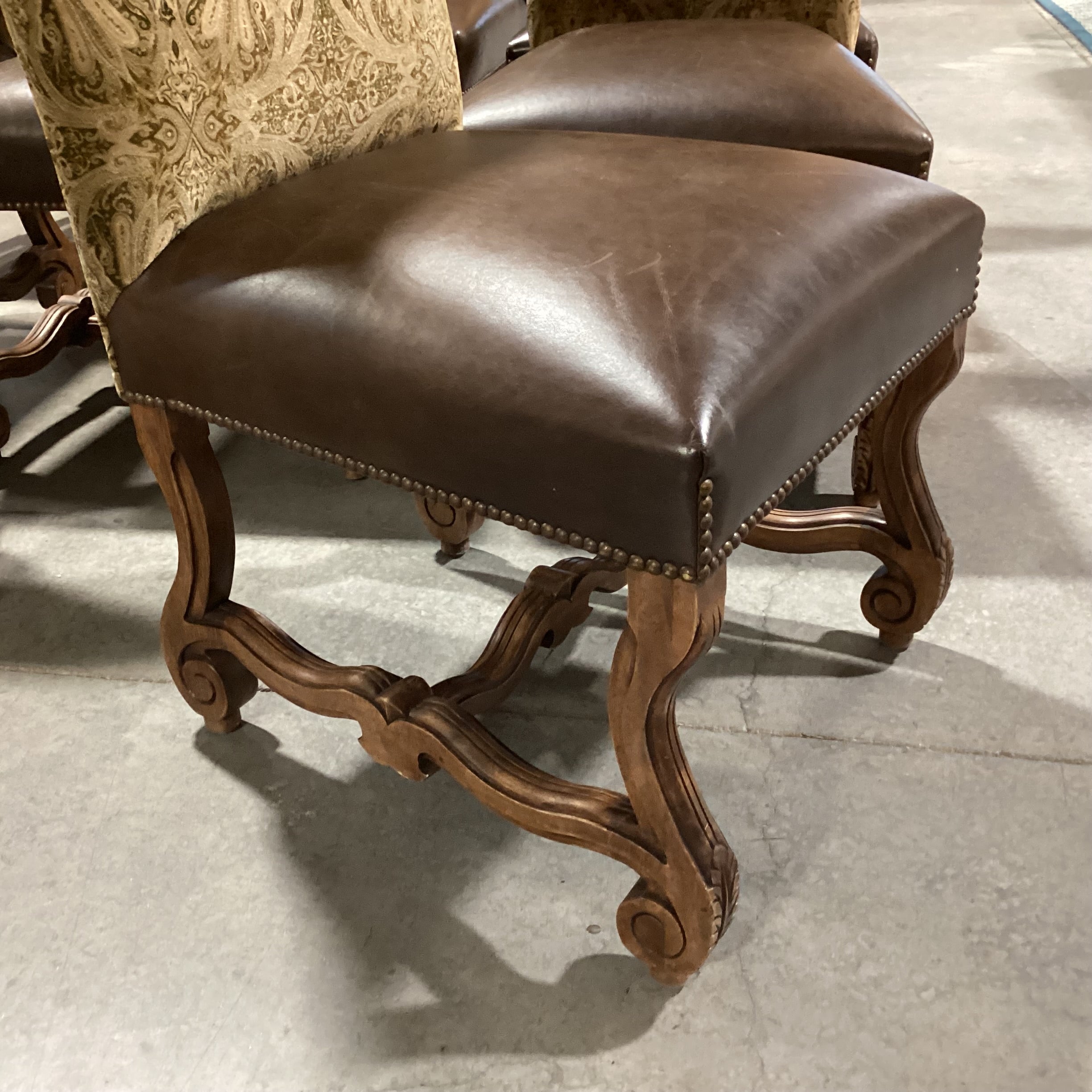 SET of 8 Ornate Carved Wood Leather Nailhead & Paisley Velvet Dining Chairs 22"x 24"x 44.5"