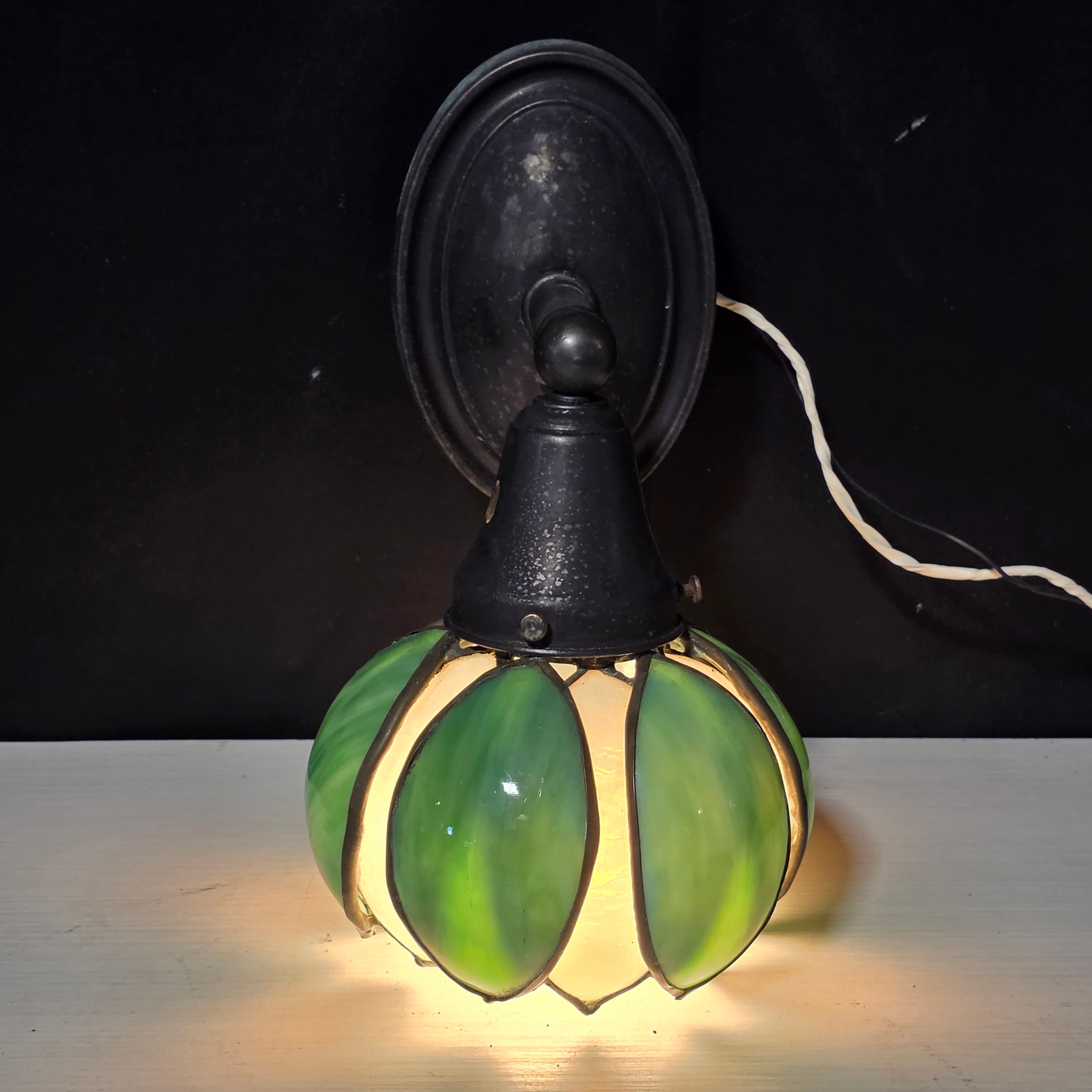 Art Nouveau Antique Slag Glass White and Green Tulip Sconce 6"x8"x10.5"