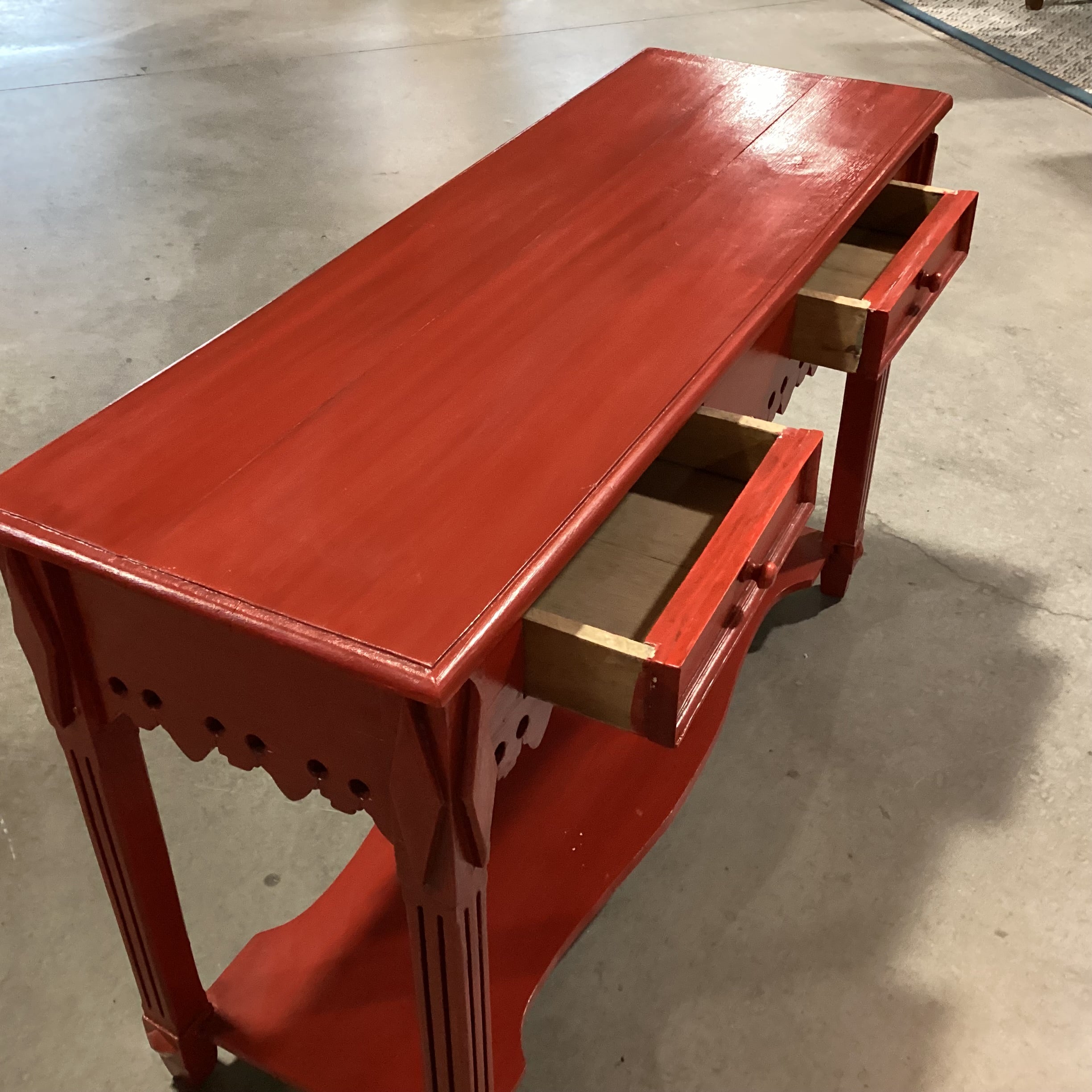 Red Finished Carved Wood 2 Drawer with Bottom Shelf Sofa Table 47"x 17"x 30"