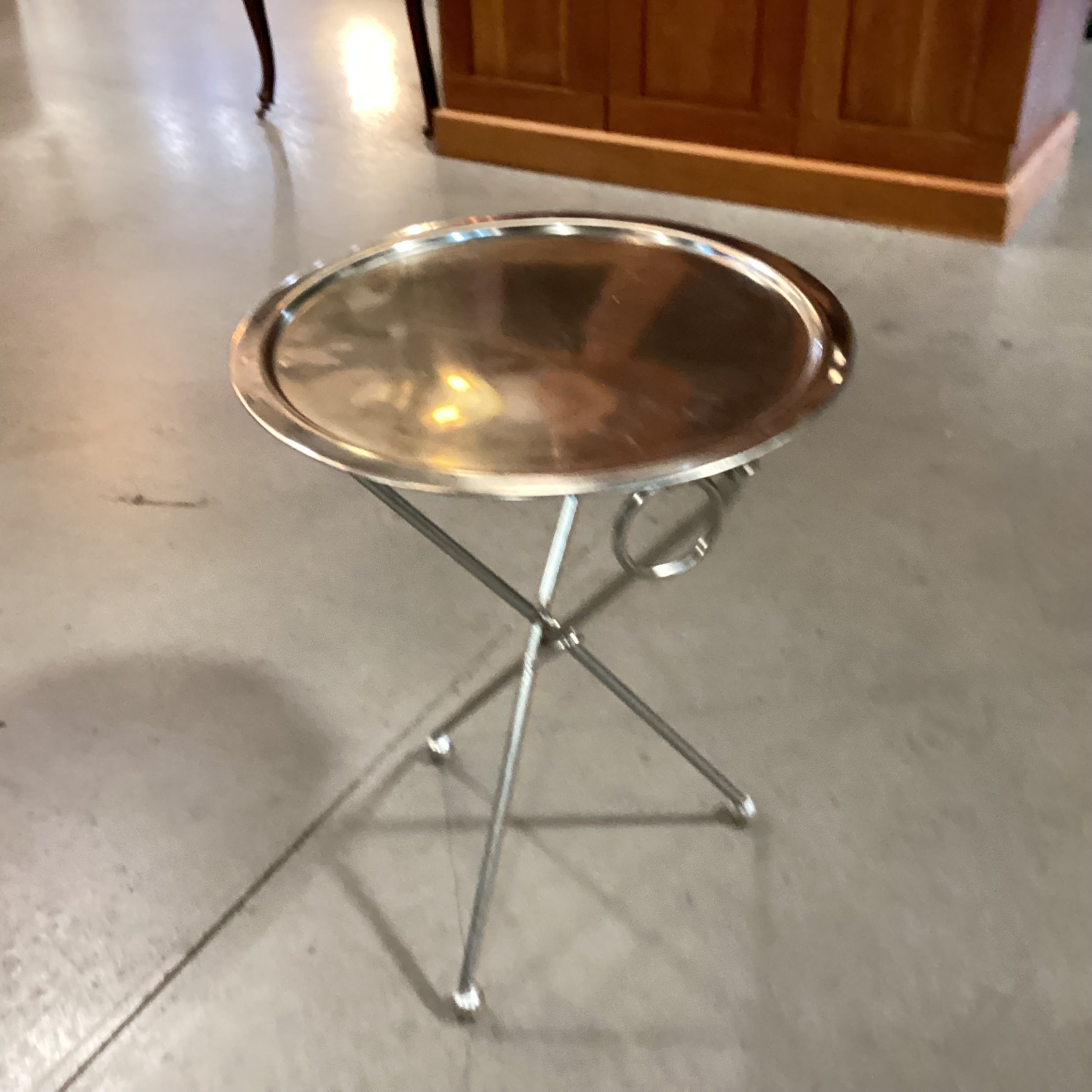 Vintage Folding Silver Plated Tripod Tray Accent Table 18" Diameter x 24"