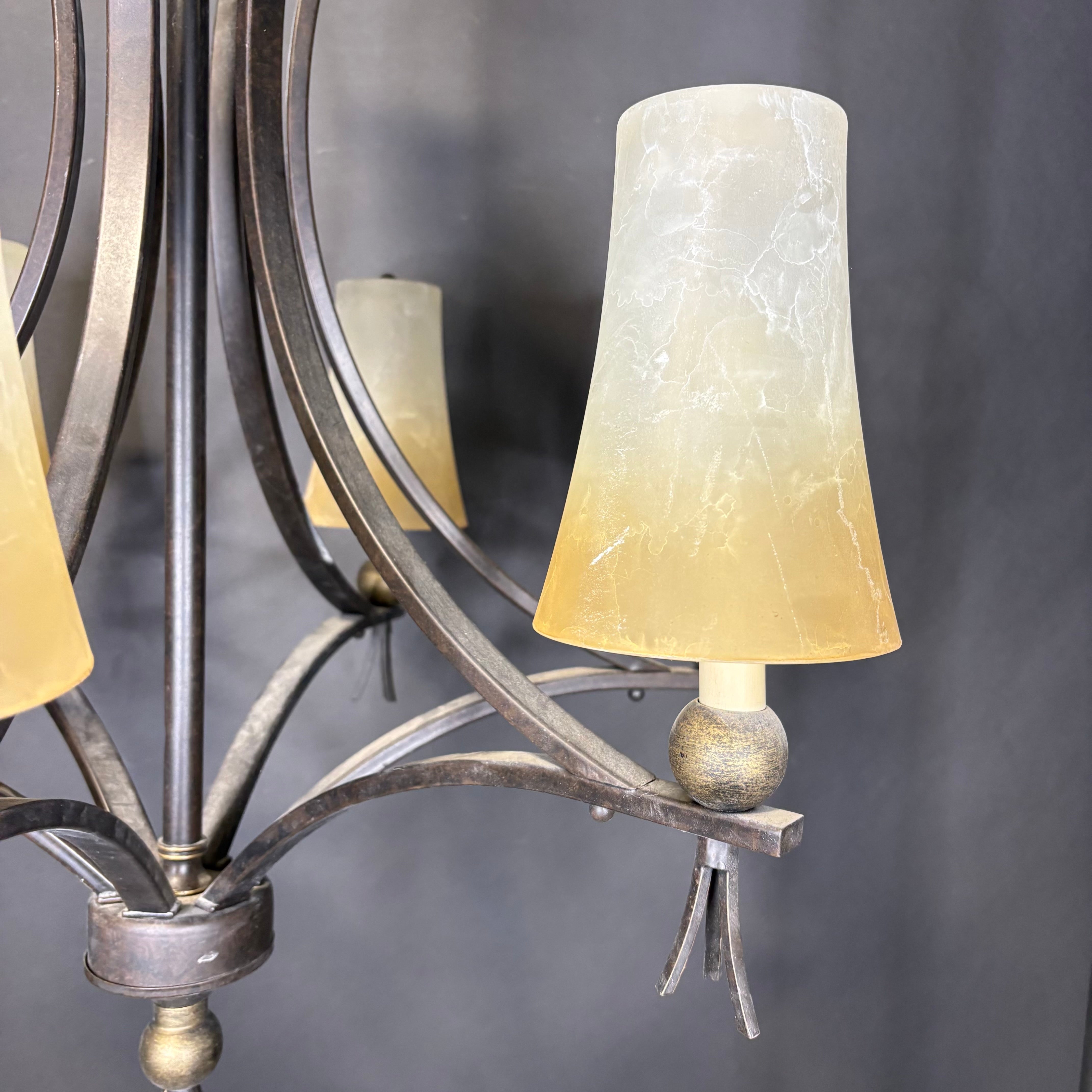 Traditional 6-Light Bronze and Gold Painted Metal with Ombré Glass Shades Chandelier 27” Diameter x 37”