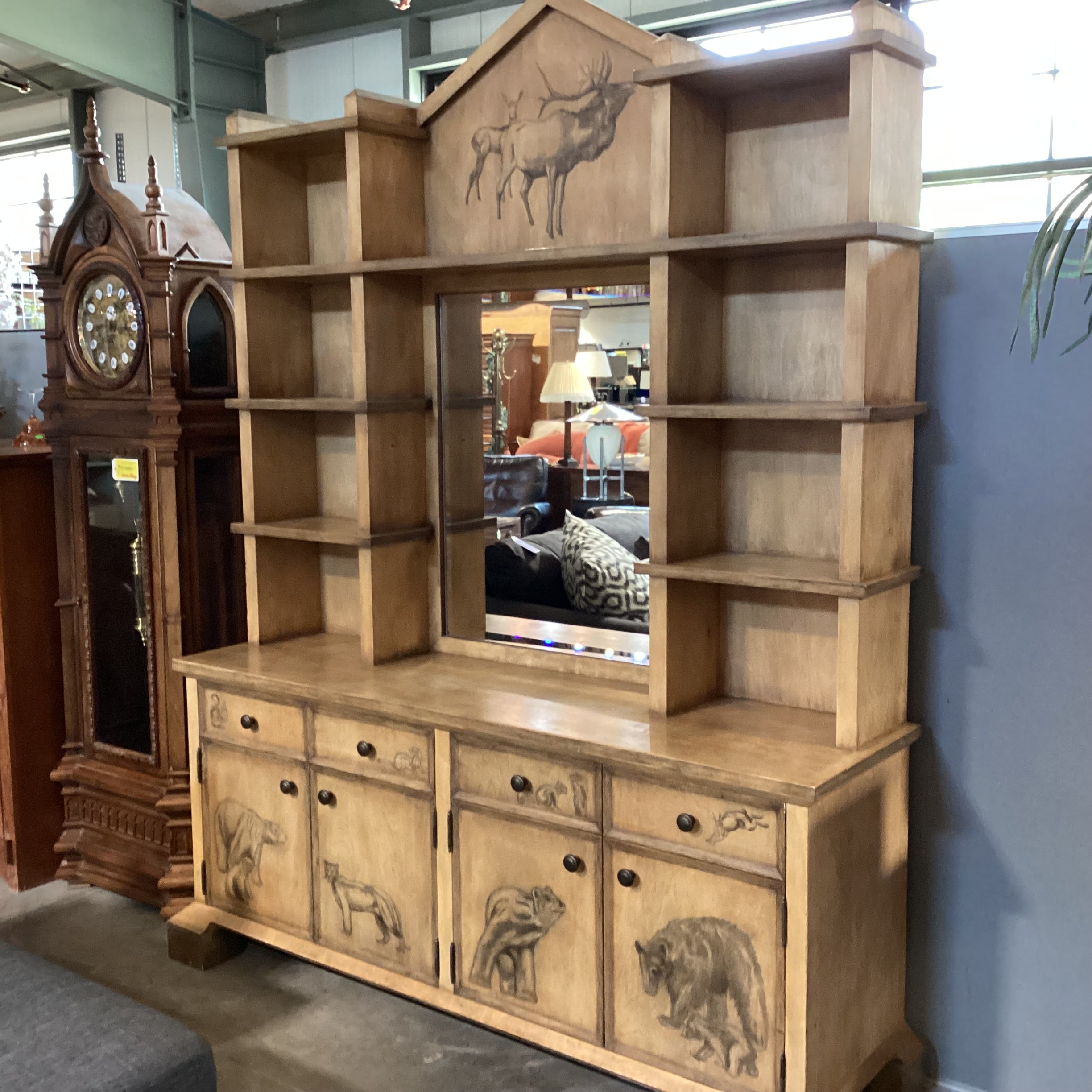 Custom Cabinetry Antiqued Wash with Forest Animals 2 Piece with Hutch Credenza 72"x 21"x 96"