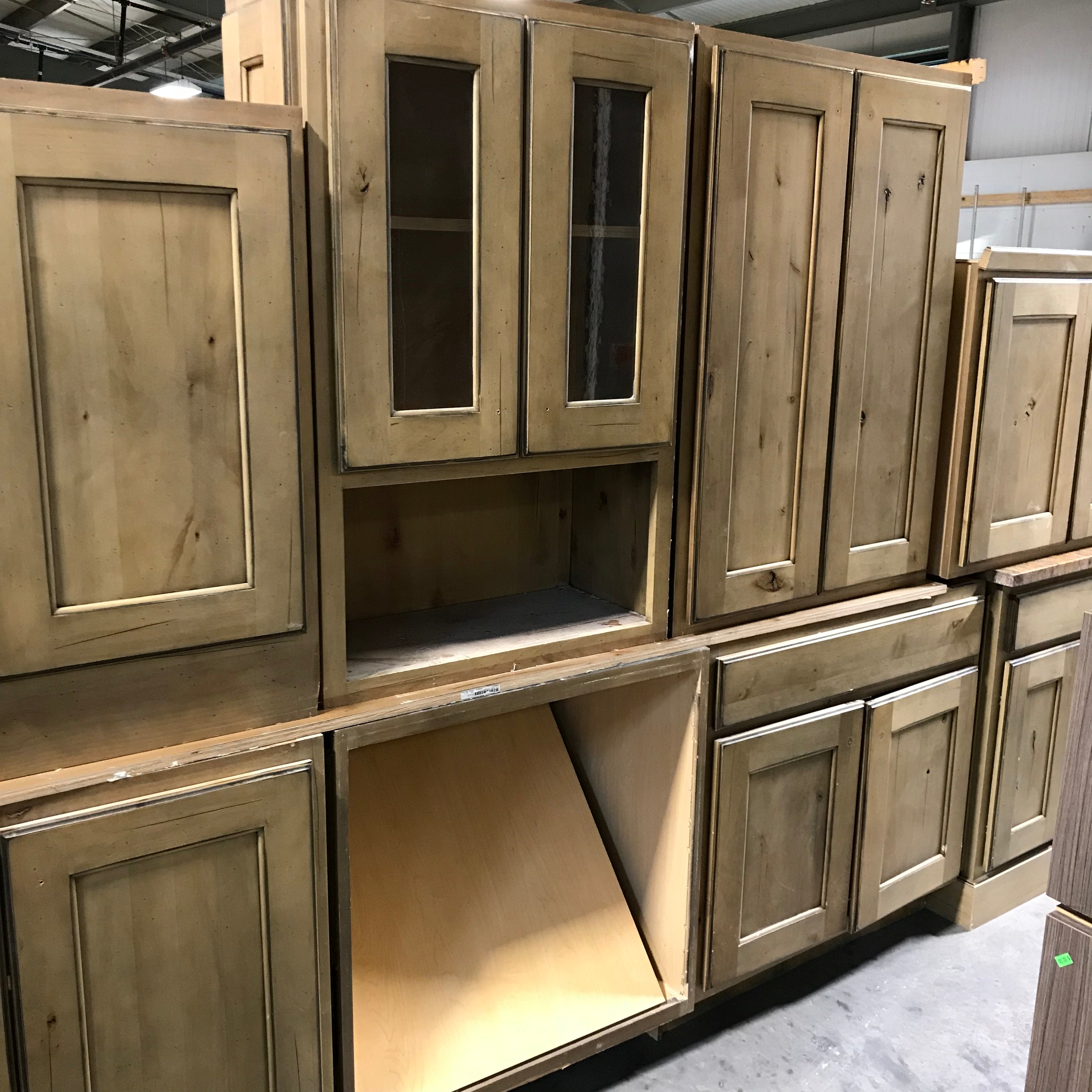 12 pc. Knotty Alder Stained Finish, No Hardware 2 Island Bases, 4 Lowers, 6 Uppers-one glass door Cabinet Set
