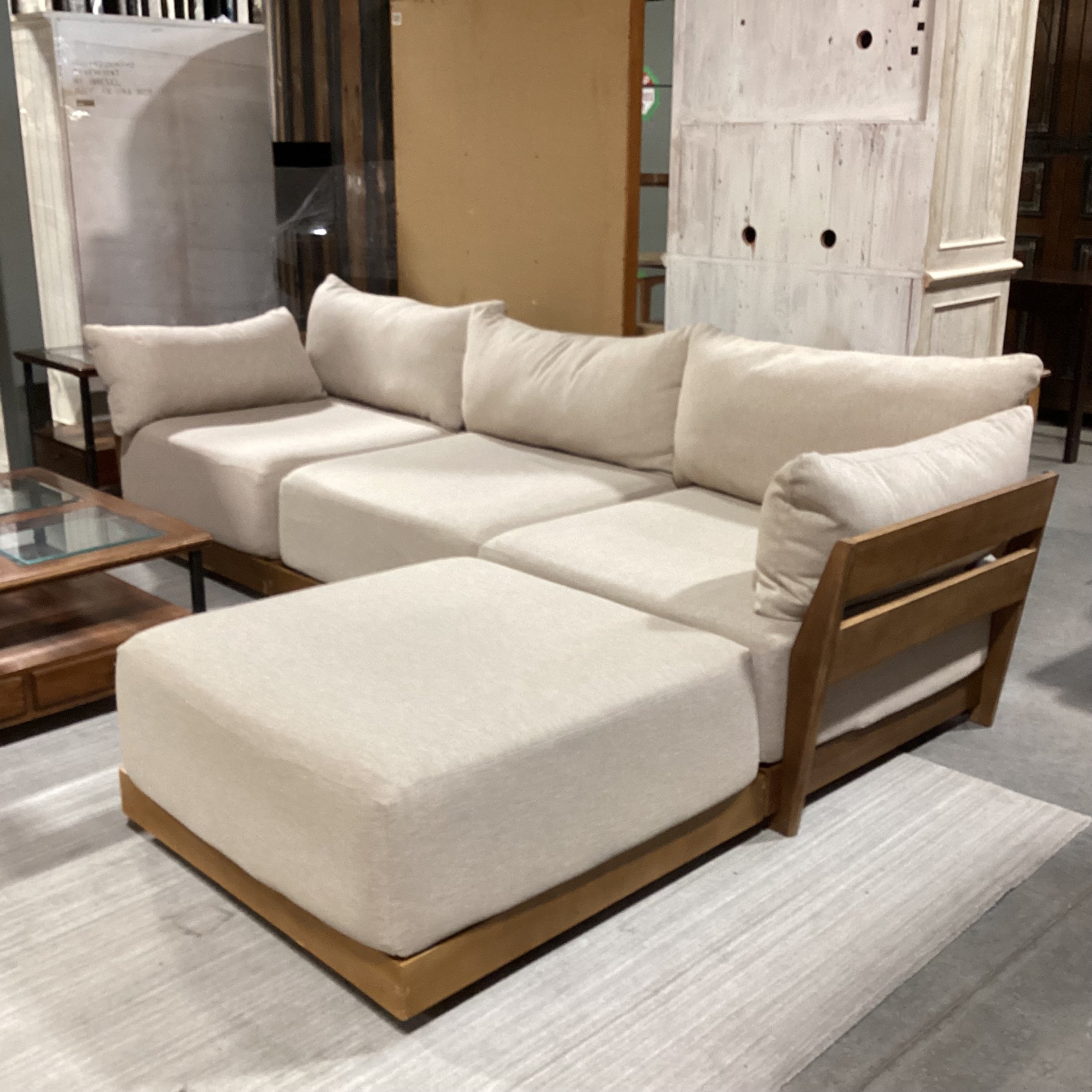 Bondi Mid Century Style Wood Base & Beige Cushions 4 Piece Modular Sectional 118"x 80"x 42"x 26"