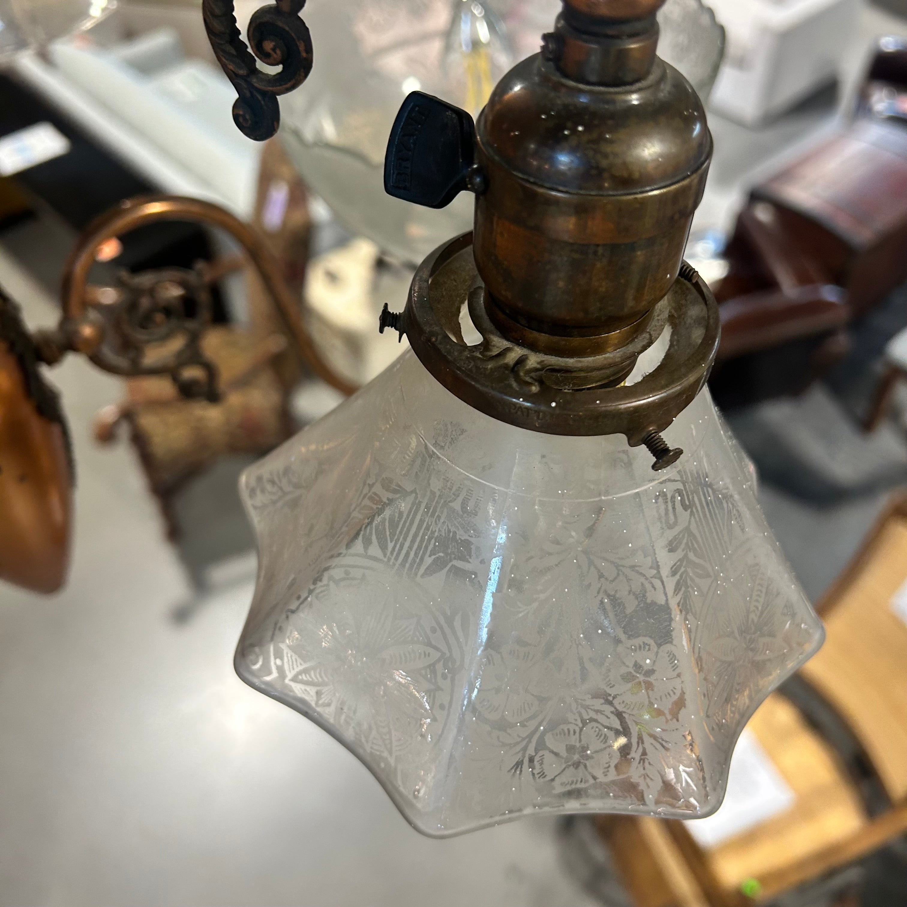 Eastlake Victorian Style Copper 6 Light Etched Glass Earl 1900s Pendant 27"x 43"