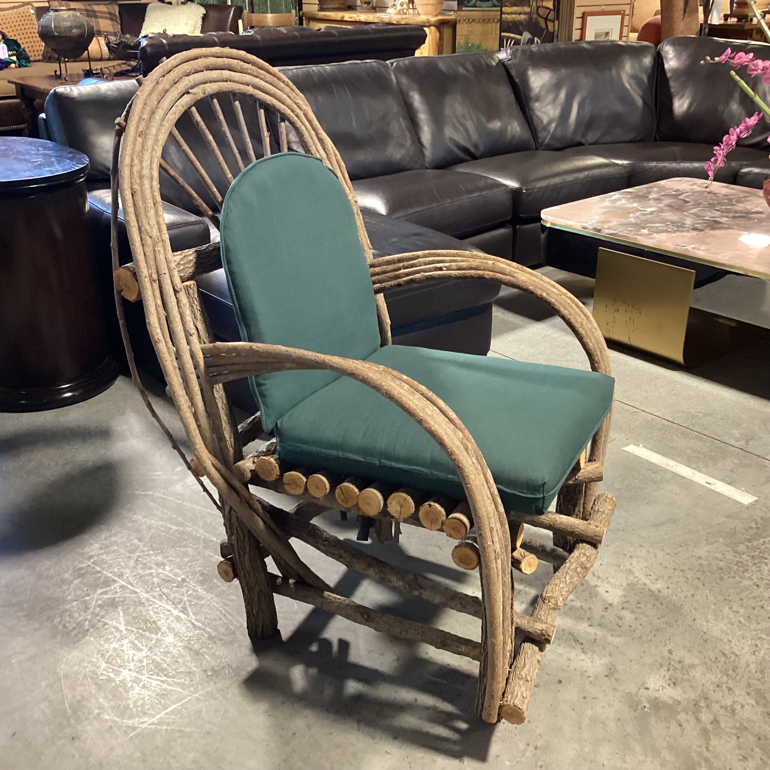 Log & Branch Arched & Rounded Arm with Green Cushions Chair 31"x 33"x 35"