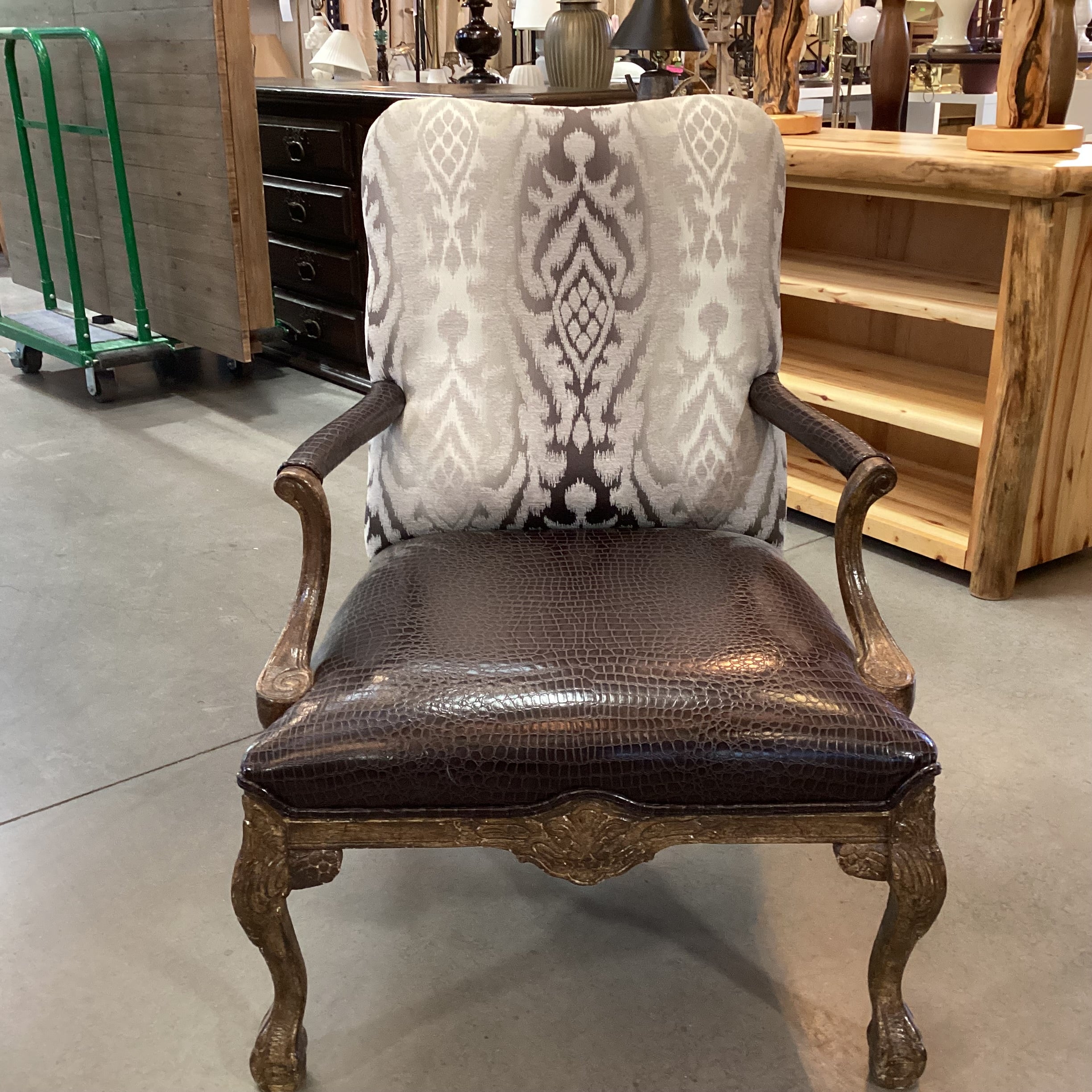 ARA Collection Croc Style Leather Raised Ivory Velvet & Brown Metallic Woven with Crackle Finish Claw & Ball Carved Wood Chair 29"x 32"x 39"
