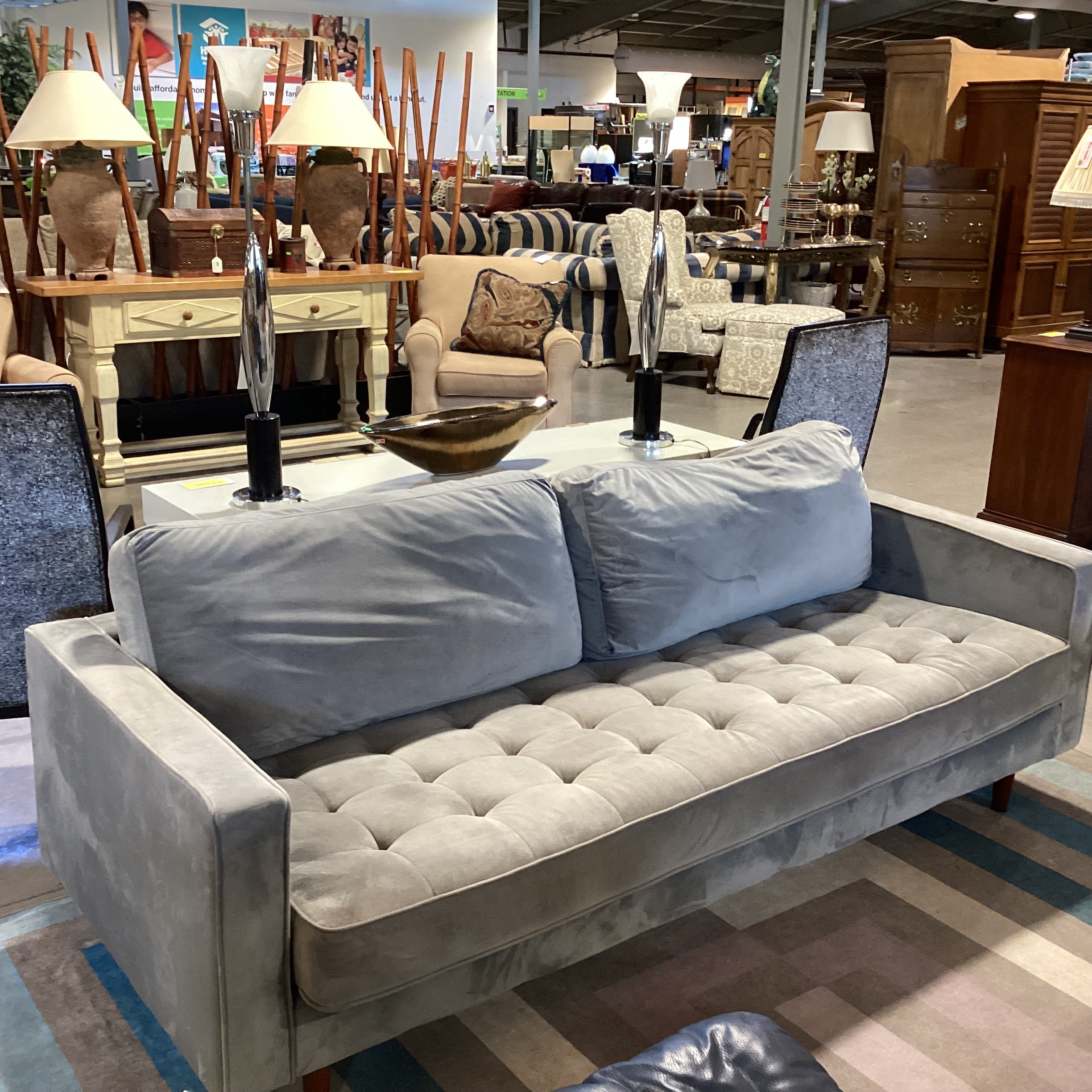 Grey Plush Velveteen Tufted Seat Sofa 87"x 37"x 26"