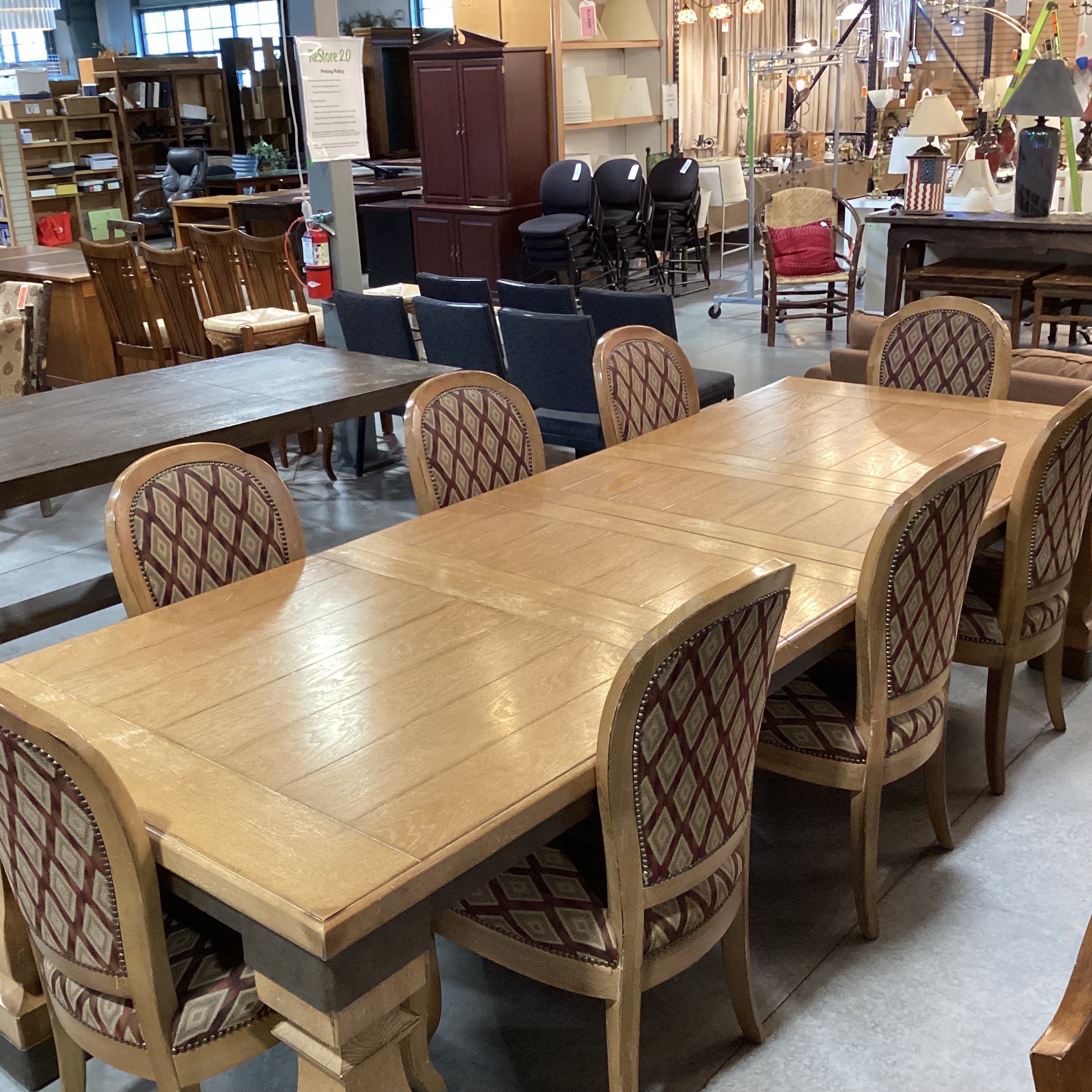 Light Finish Wood & Metal Edge Detail 2 Leaves Table with 8 Diamond Upholstered Chairs Dining Set 78" to 118"x 44"x 30.5"