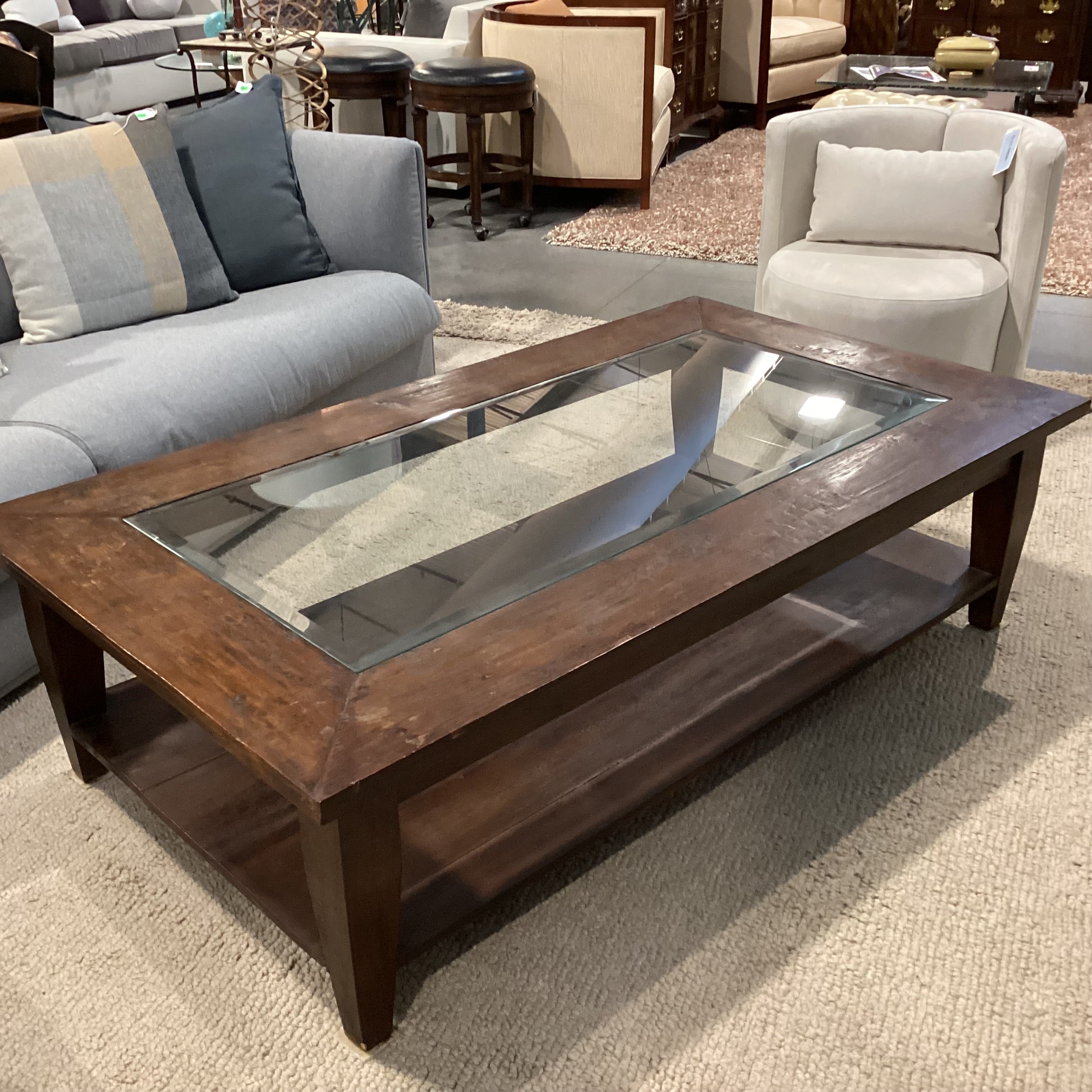 Dark Distressed Solid Wood with Glass Inset Top Coffee Table 63"x 35"x 18"