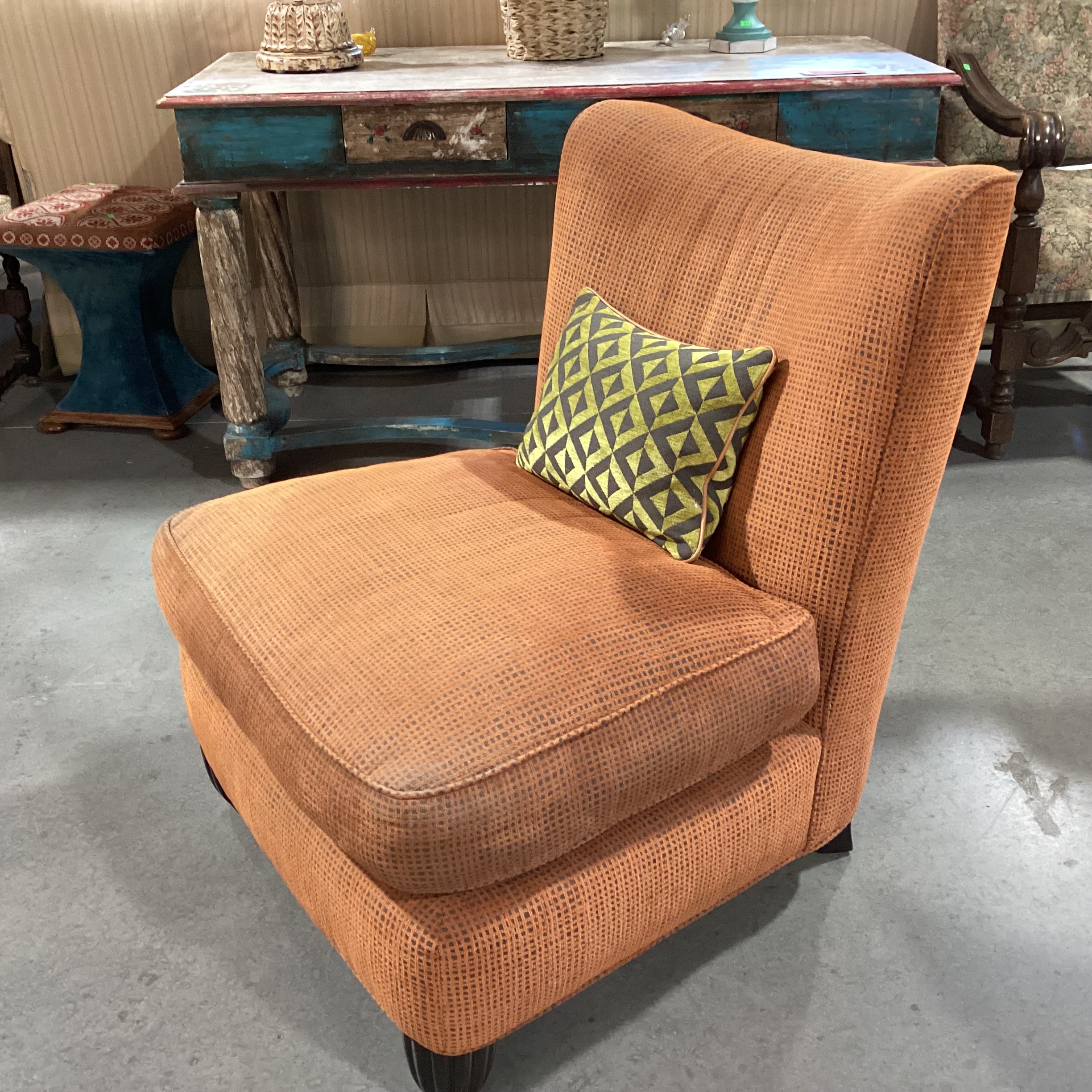 Vintage Mid Century Modern Burnt Orange Woven with Geometric Pillow Chair 32"x 34"x 35"