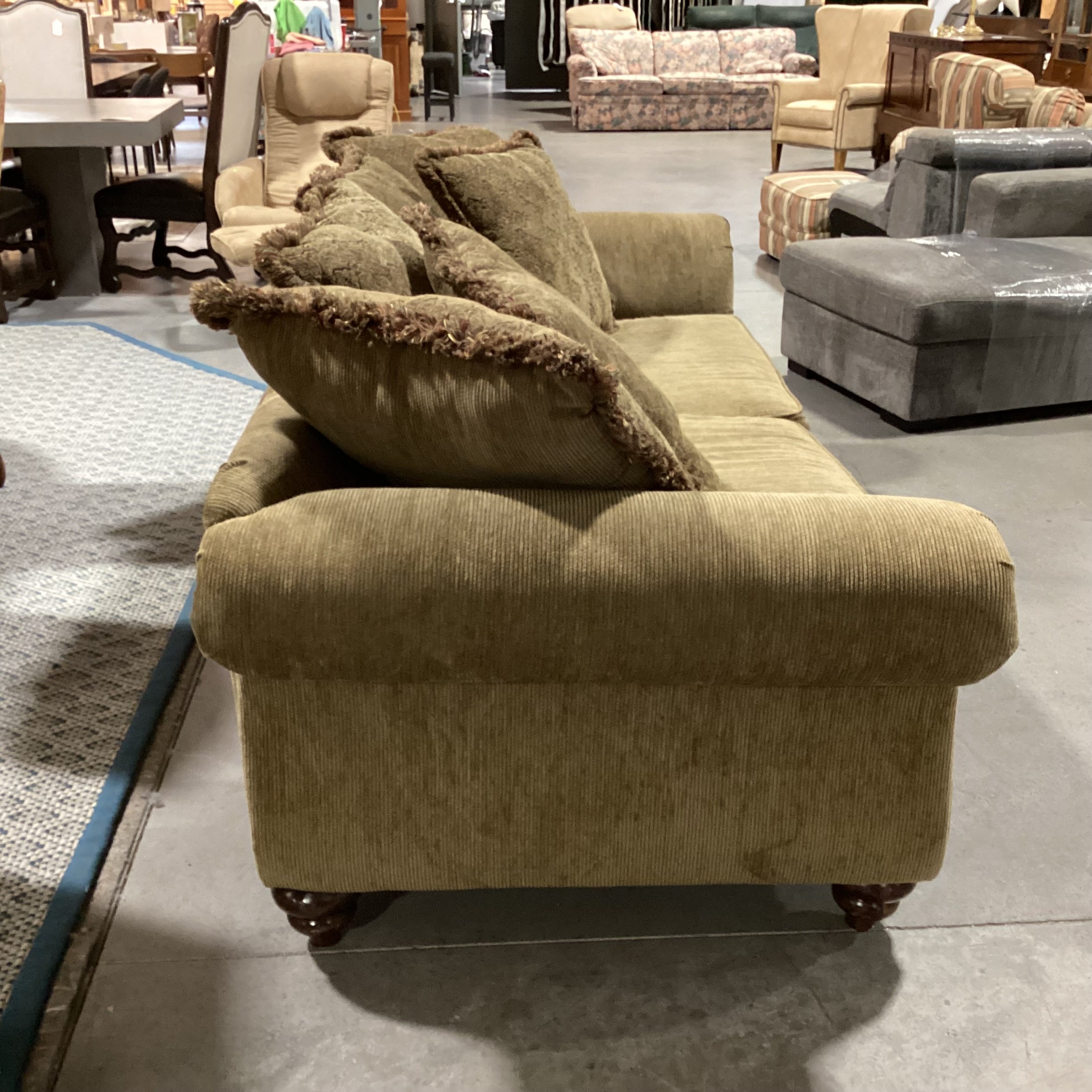 Olive Texture Ribbed & Nailhead with Reverse Multi Back Pillows Sofa 98"x 40"x 30"