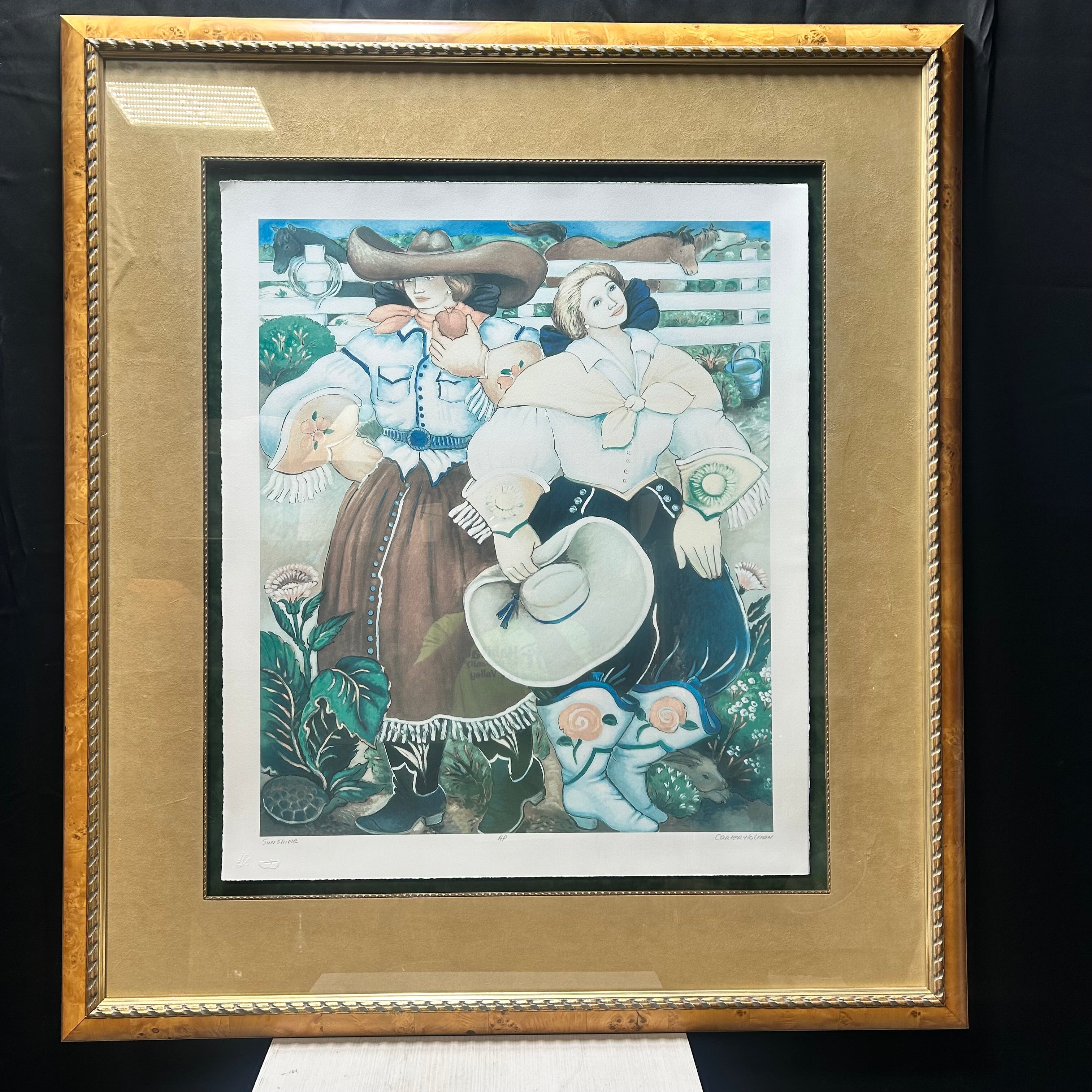 Carter Holmon Signed Lithograph "Sunshine" With Burl Wood Frame And Suede Matt  42.5"x 49.5"