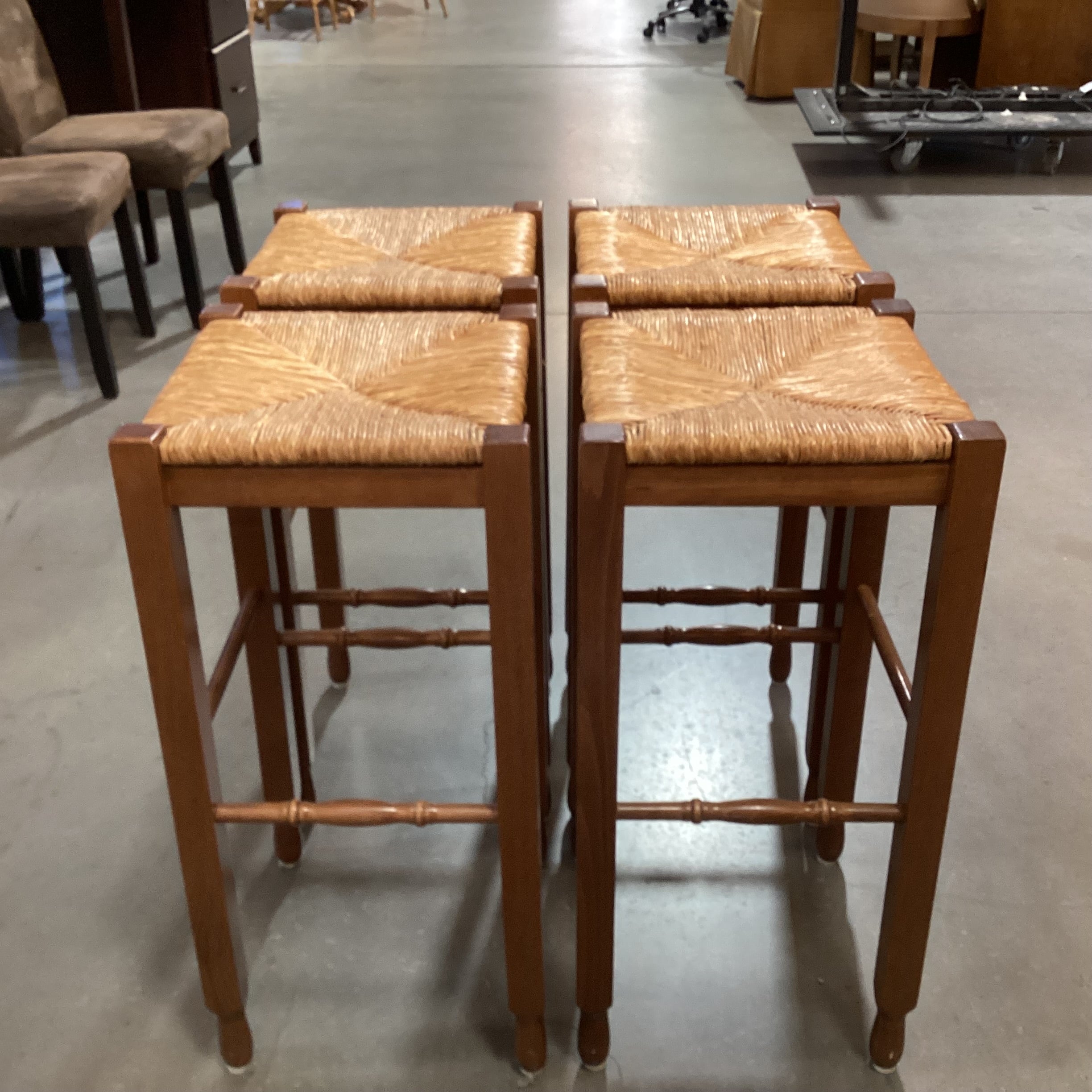 SET of 4 Carved Wood & Rush Seat Barstools 30"