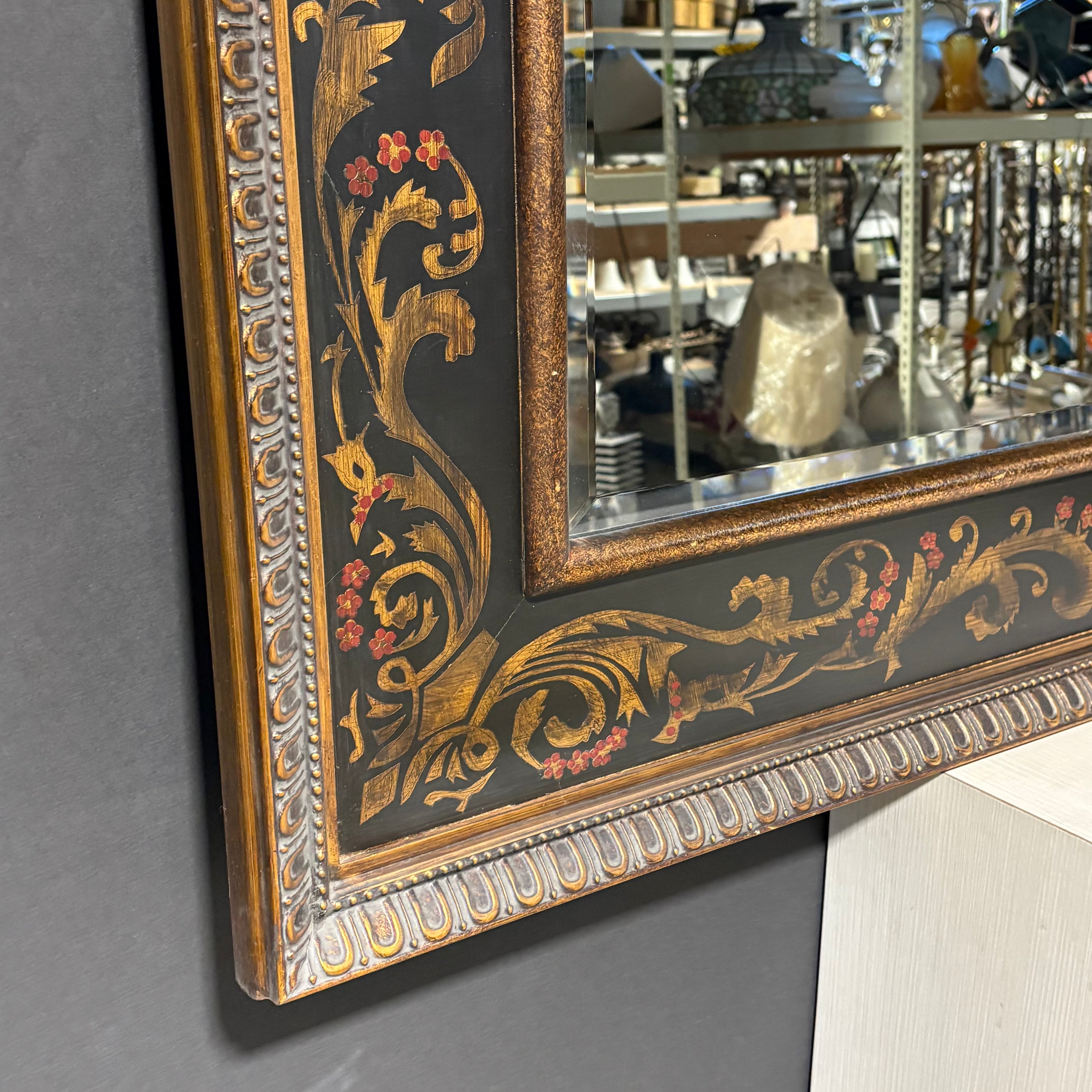John Richards Gold, Black, Red Ornate Floral Painted Beveled Wall Hanging Mirror 53.5”x 43.5”