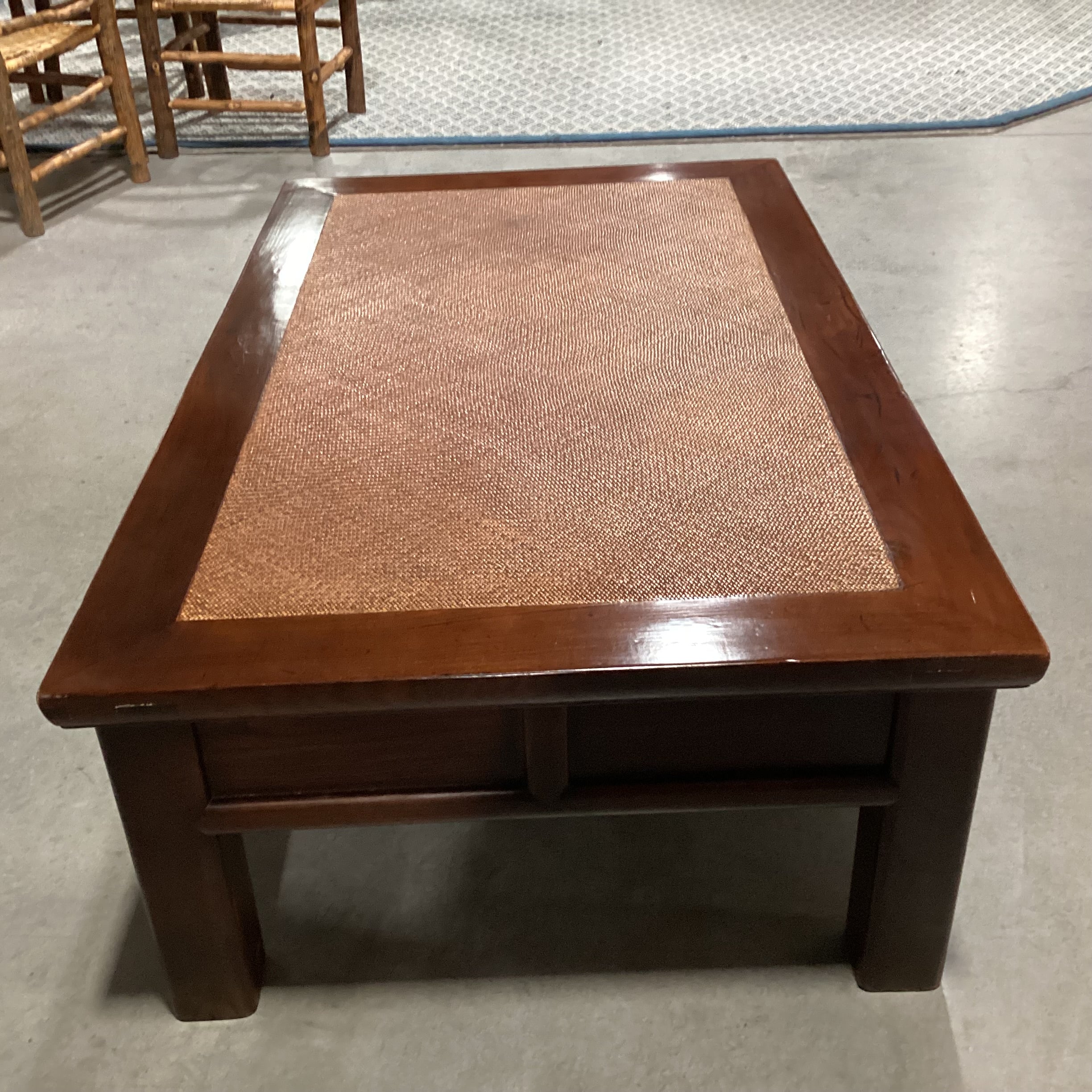 Distressed Finish Carved Wood & Wicker Raffia Woven Inset Top 6 Drawer Coffee Table 55"x 33.5"x 18"