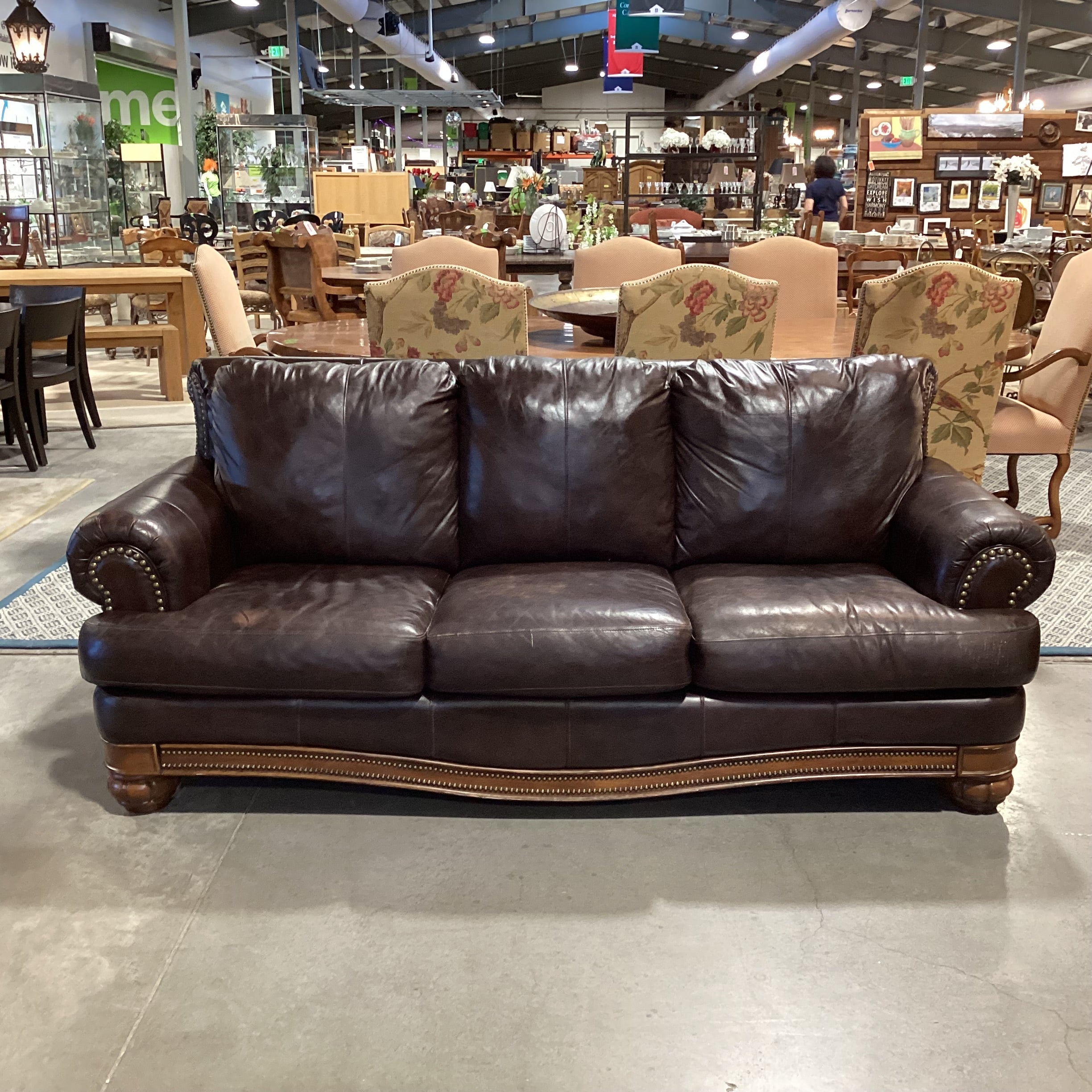 Bonded Leather Nailhead with Detailed Wood Base Sofa 88"x 34"x 35"