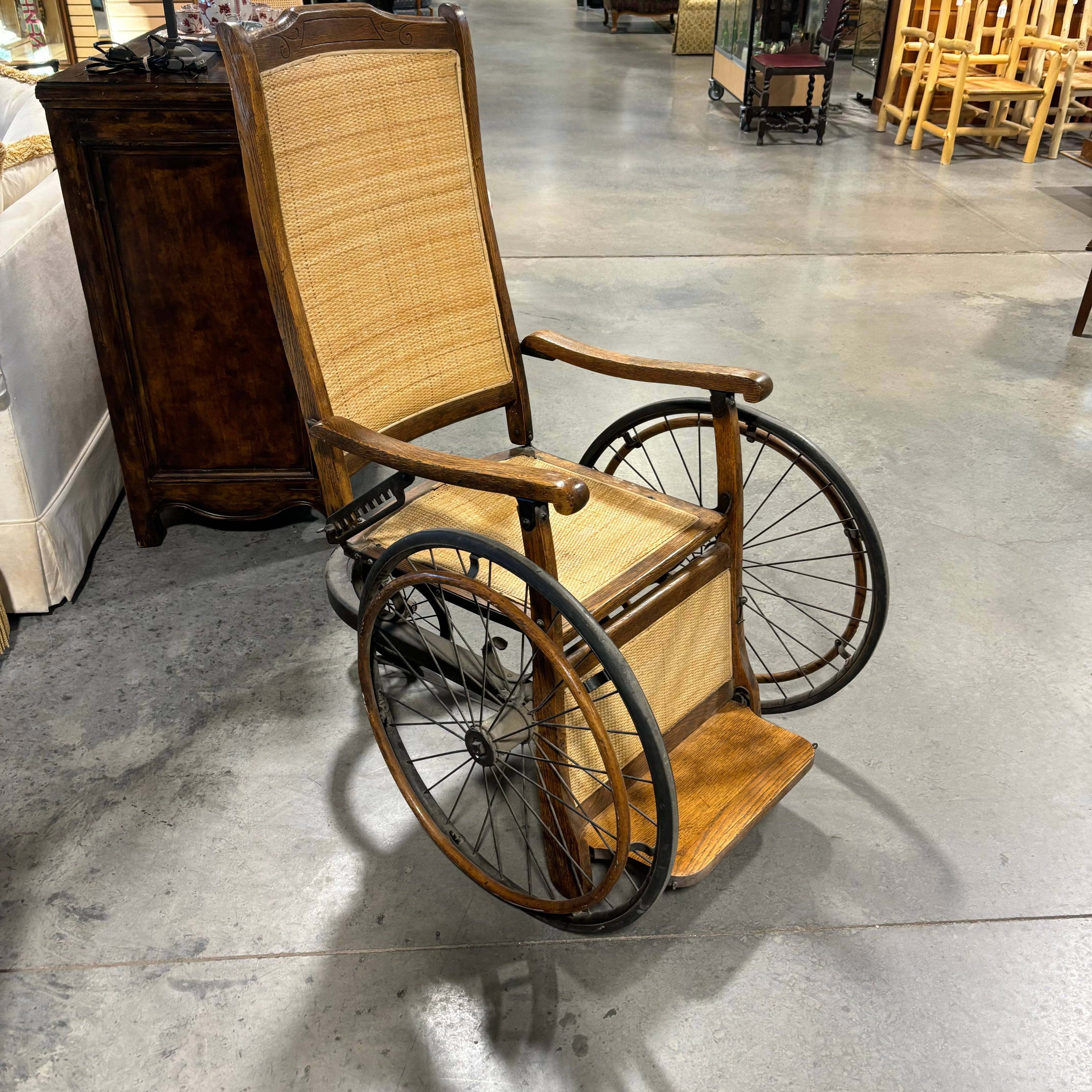 Antique Late 19th Century Oak & Wicker Genredon Wheelchair 30"x 36"x 39.5"