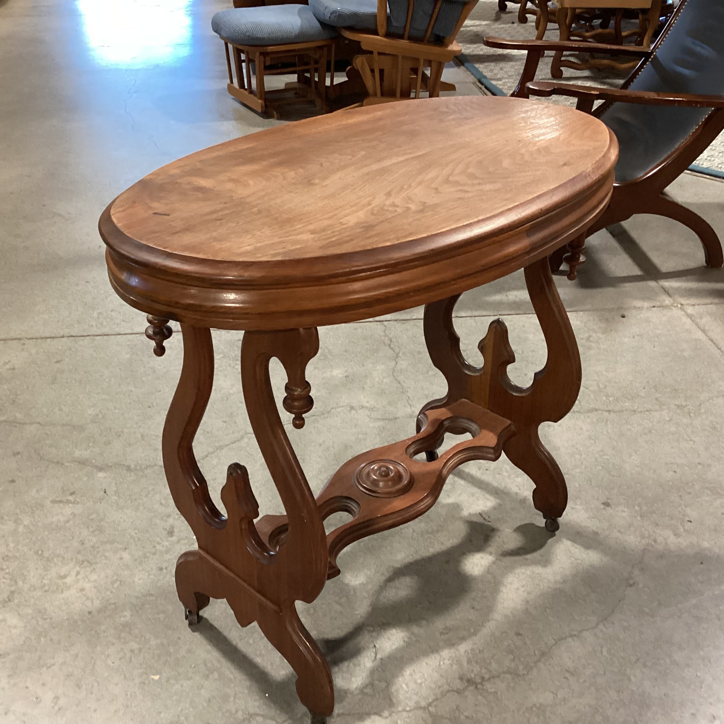 Antique Ornate Carved Sides & Trestle on Casters Oval Accent Table 33"x 19"x 30"