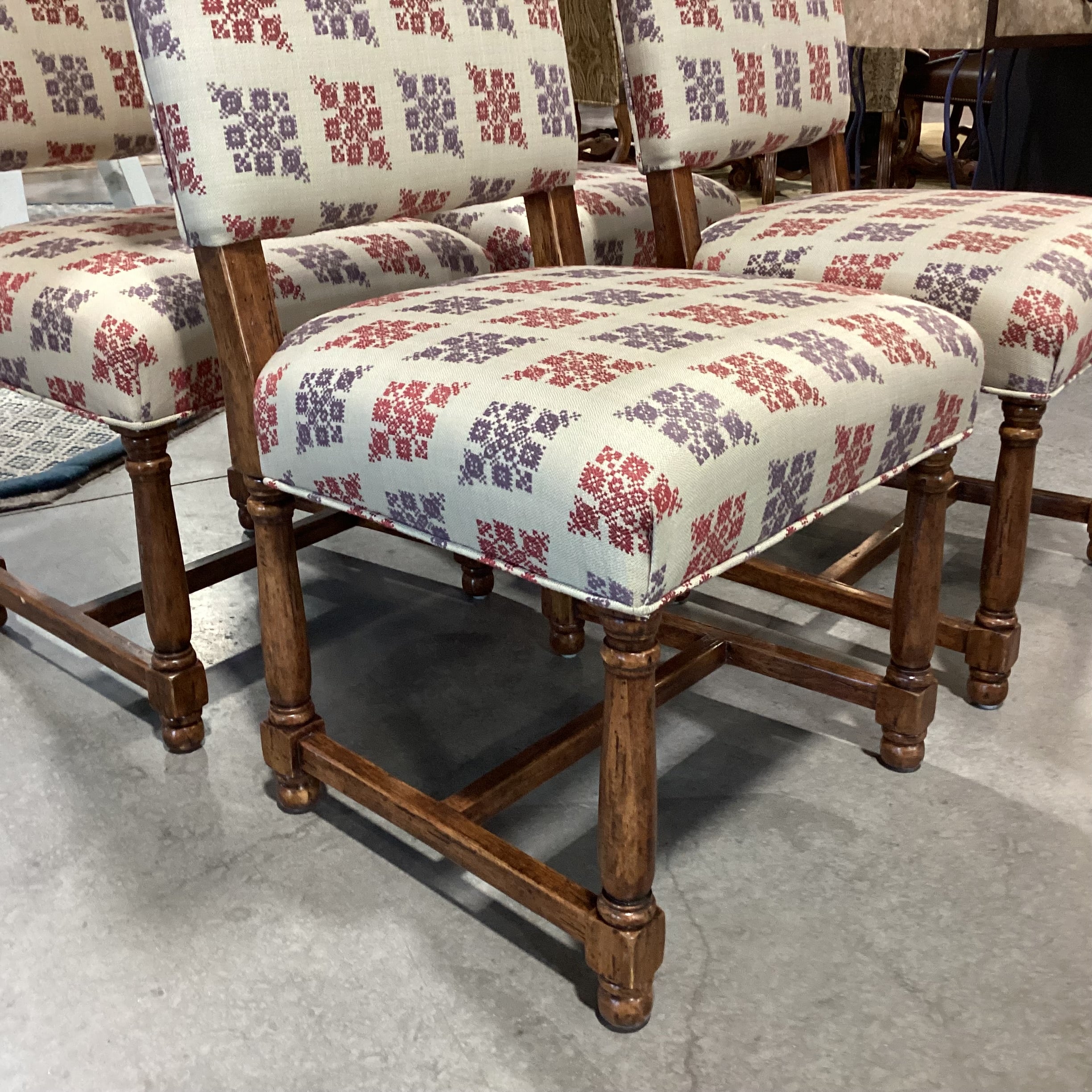 Set Of 4 Carved Wood & Beige Purple Red Pattern Linen Dining Chairs 21"x 20"x 42.5"