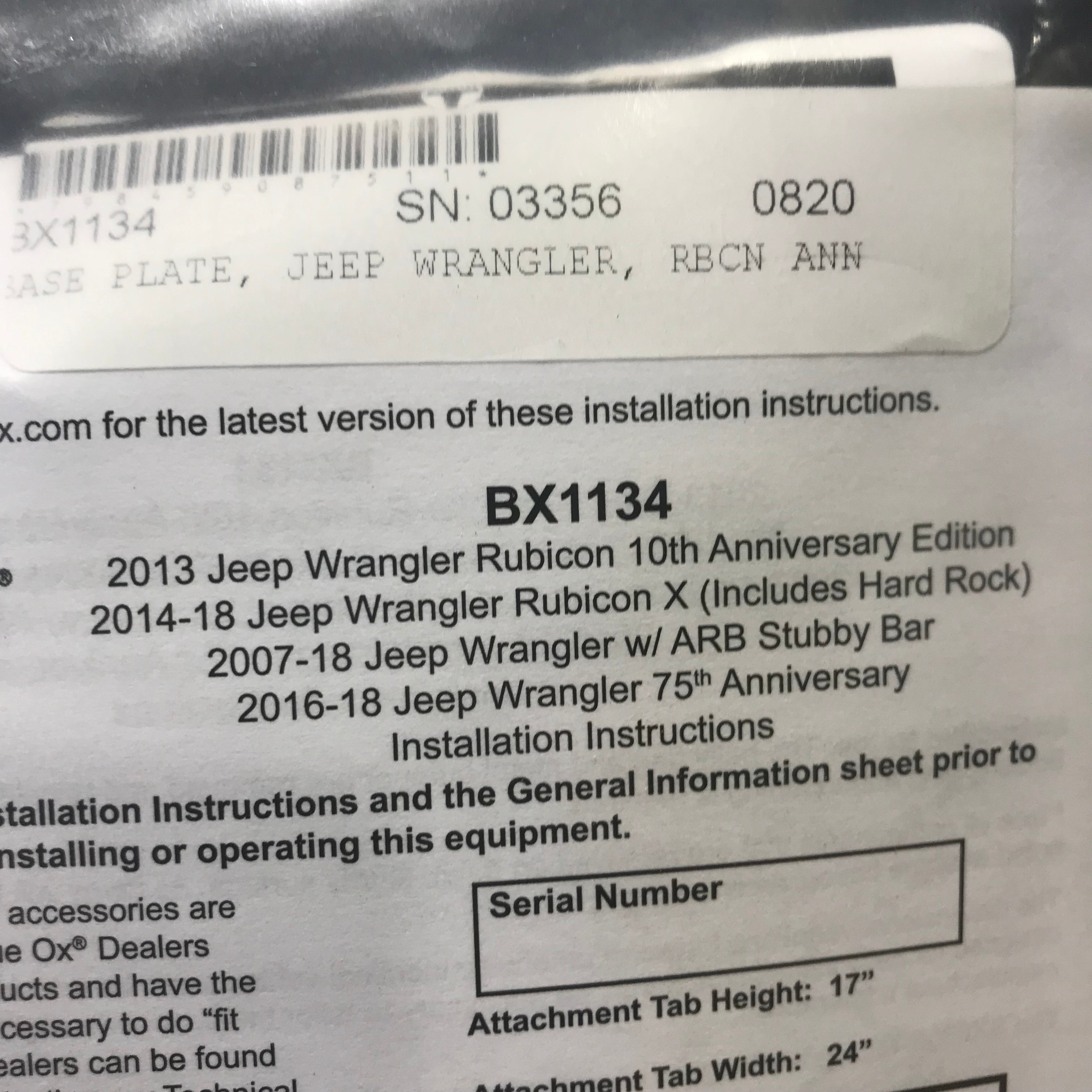 Blue Ox BX1134 Baseplate fits Select 2014-2018 Jeep Wrangler JK Models (towbar attachment point)