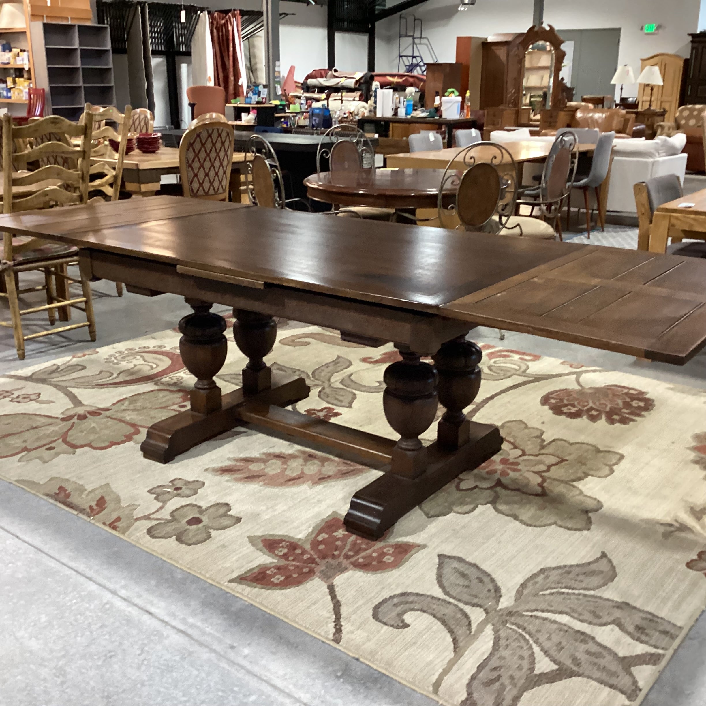 Antique Oak with Ornate Carved Trestle & 2 Extended End Leaves Dining Table 59" to 104"x 39"x 31"