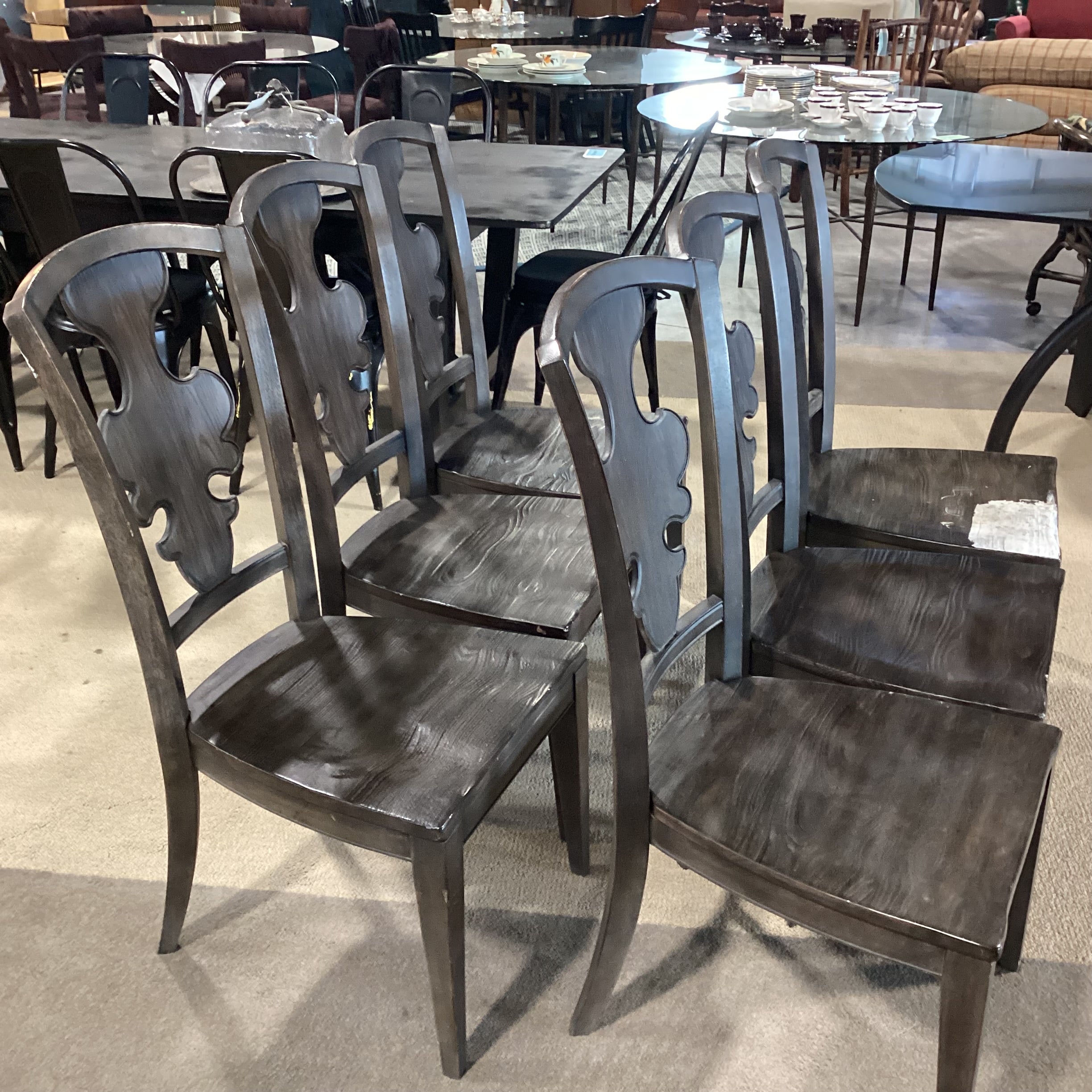 SET of 6 French Country Grey Washed Wood with Detail Back Dining Chairs 19"x 20"x 41.5"