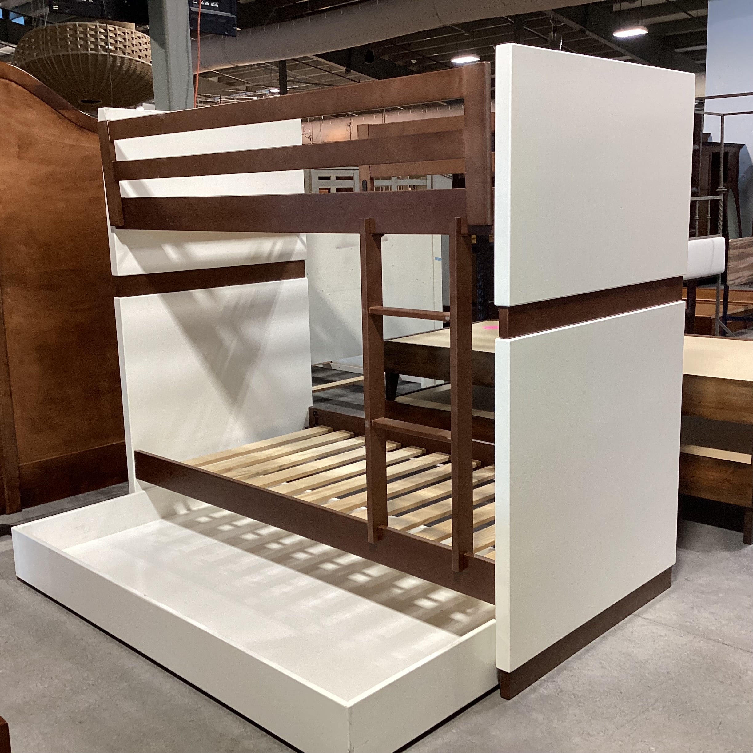 El Greco Woodworking for Room & Board White & Brown Wood Twin over Twin with Trundle Bunk Bed Set 42"x 80"x 72"