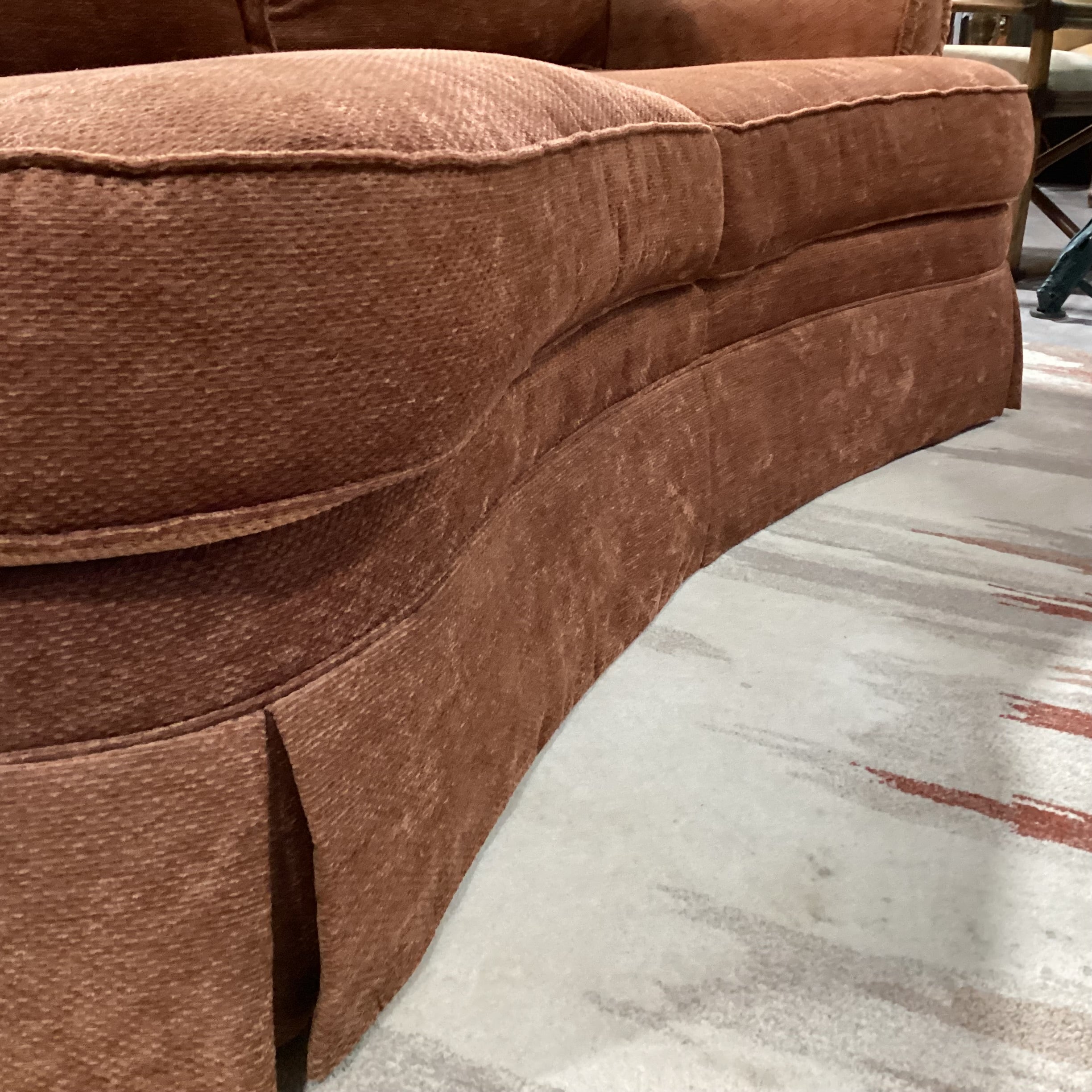 Ethan Allen Burnt Orange Chenille Woven with Roll Arm Curved Sofa 90"x 45"x 35"