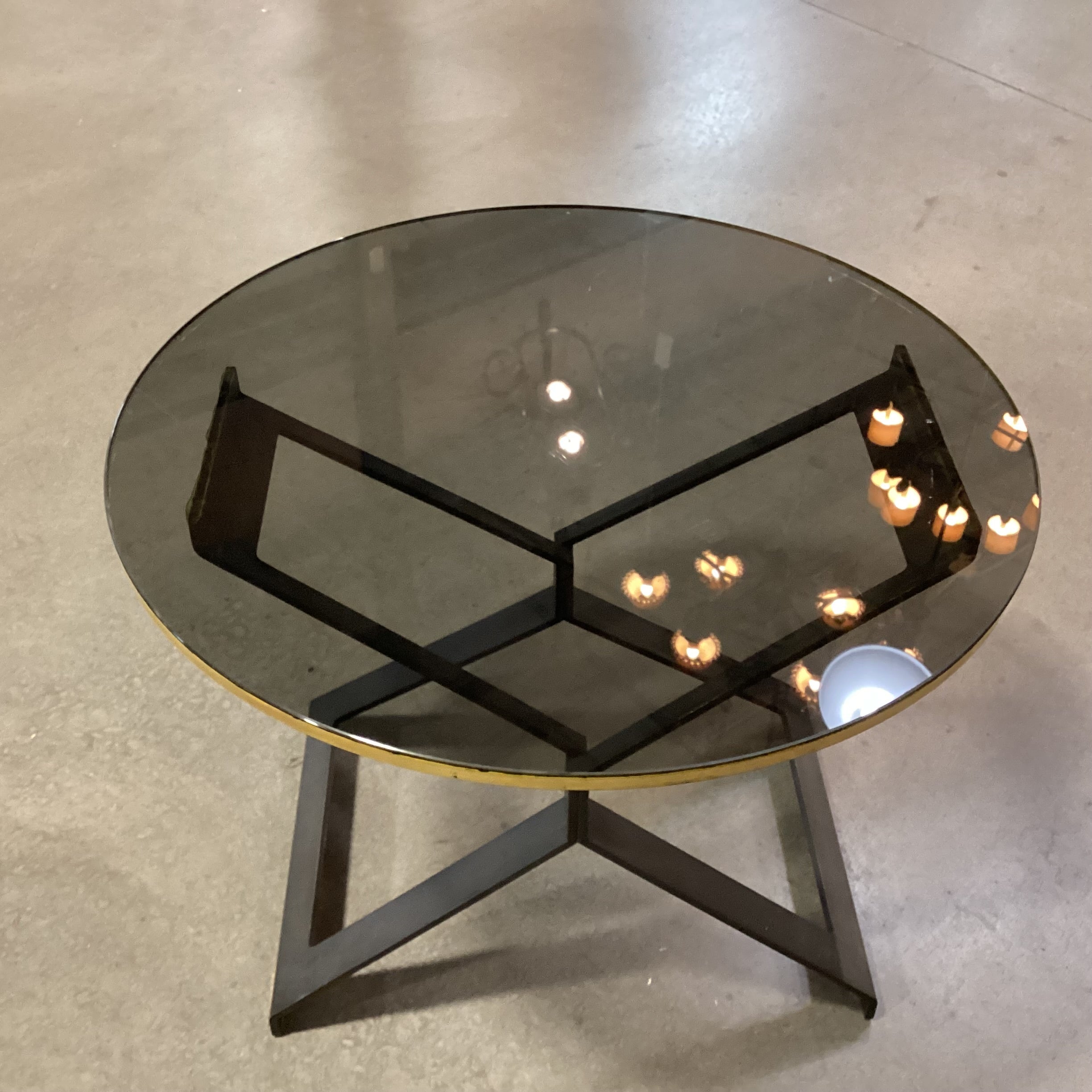 Black Finished Brass & Round Black Glass with Gold Gilt Edge Accent Table 26" Diameter x 21"