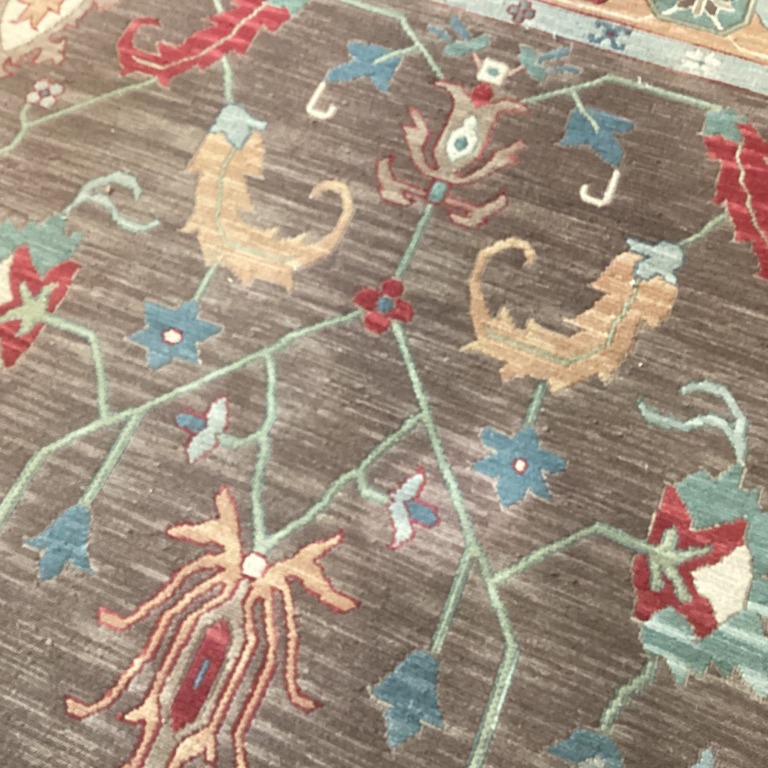 Taupe Peach Red & Teal Floral with Border Hand Woven Wool Rug 9'1"x 12'1"