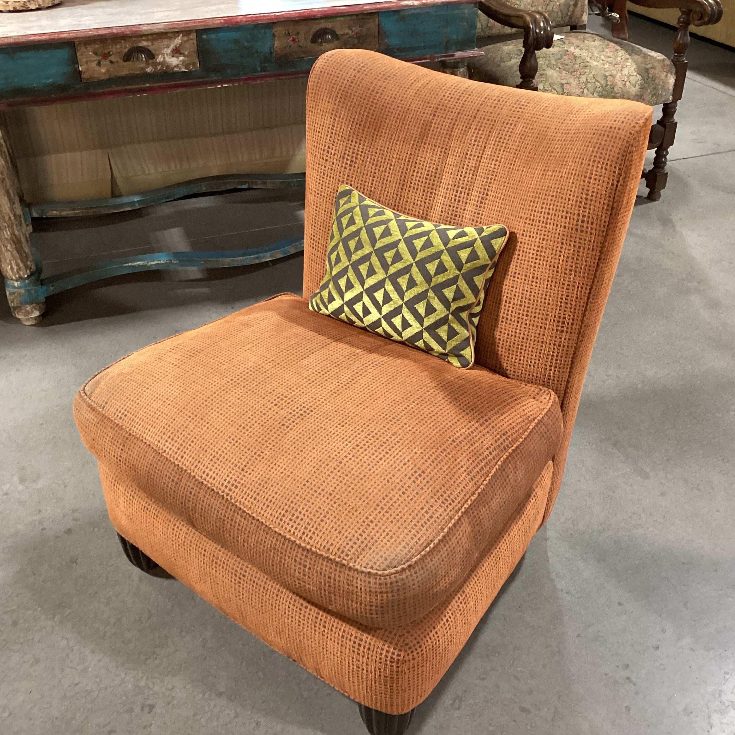 Vintage Mid Century Modern Burnt Orange Woven with Geometric Pillow Chair 32"x 34"x 35"