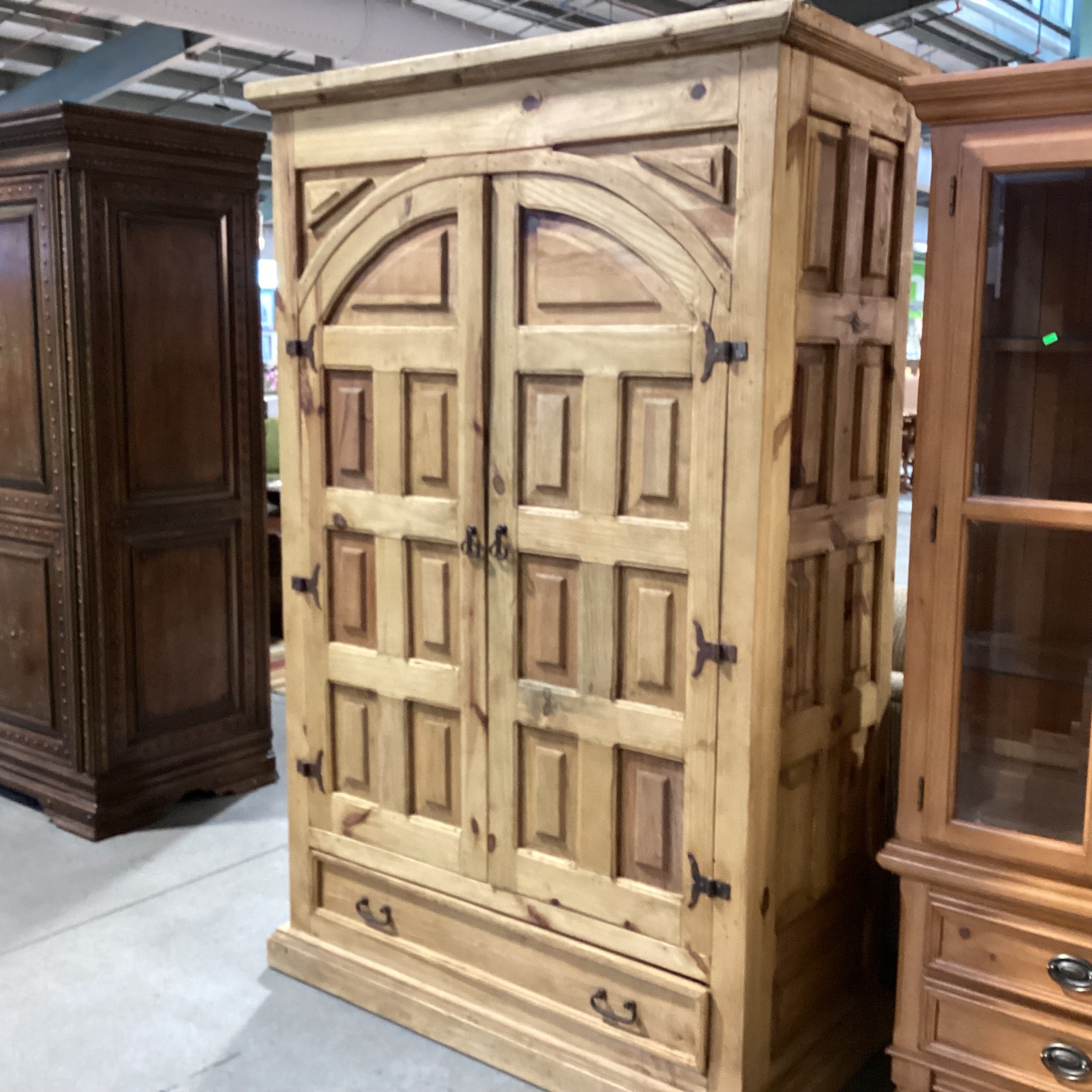 Rustic Carved Solid Natural Pine 2 Arched Door with Shelves & Bottom Drawer Armoire 52"x 26"x 80"
