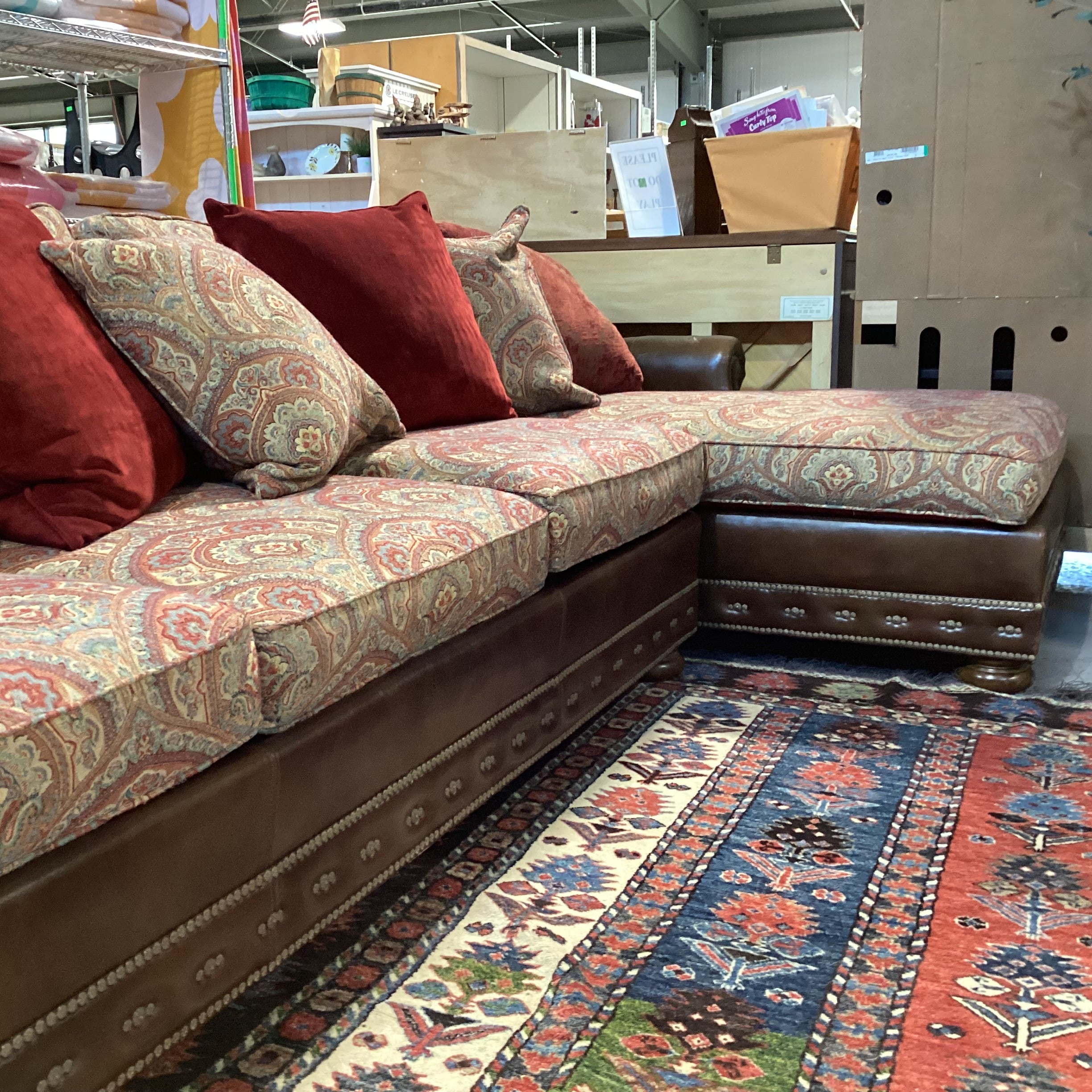 Massoud Luxery Western Leather Nailhead Ornate Floral & Reverse Velvet 2 Piece with Chaise Sectional 130"x 72"x 45"x 38"