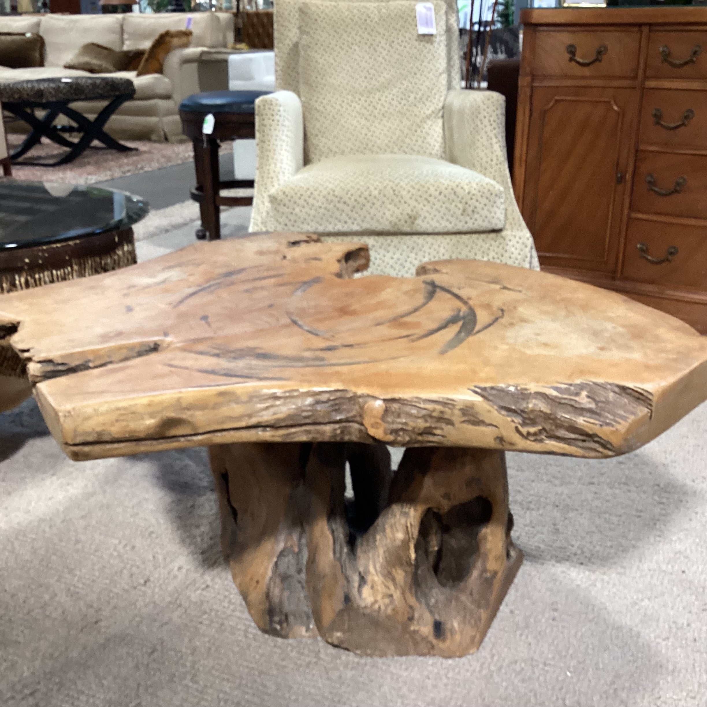Vintage Root Stump & Live Edge Slab Coffee Table 42"x 34"x 18.5"