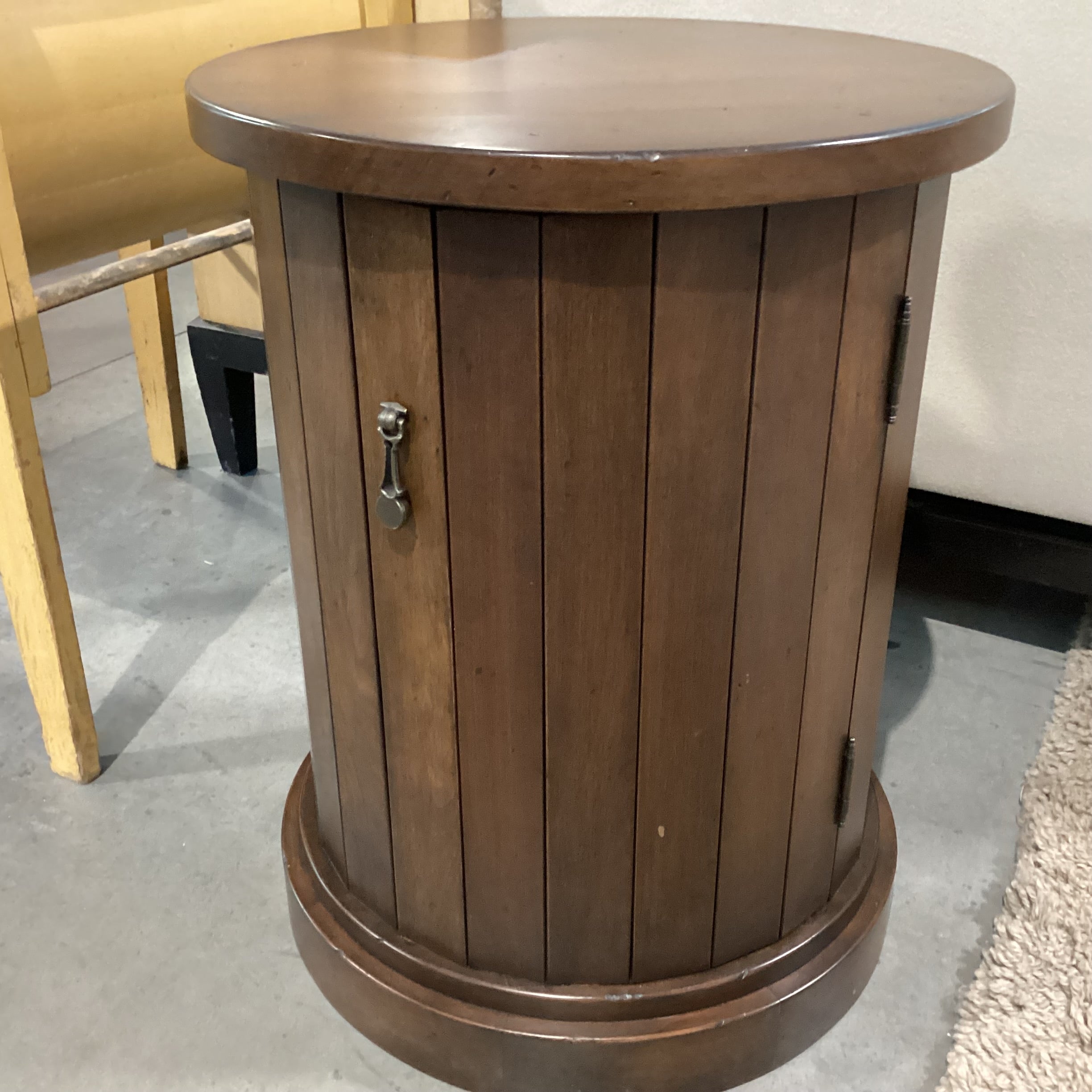 Dark Finish Column Round 1 Door Cabinet End Table 20" DIameter x 26"
