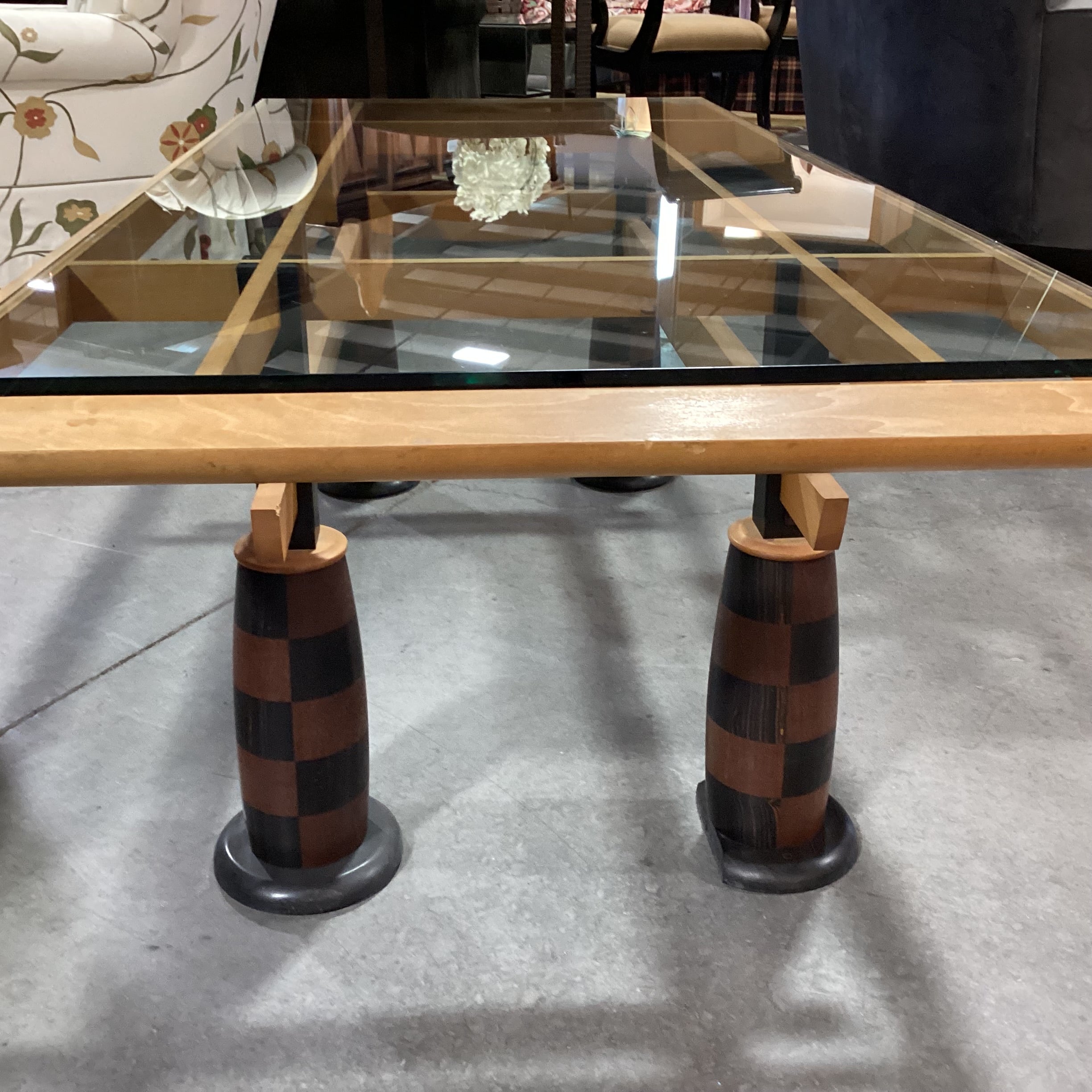 Vintage Mid Century Modern Wood & Glass with Checker Board Pattern Legs Coffee Table 59"x 28"x 19"