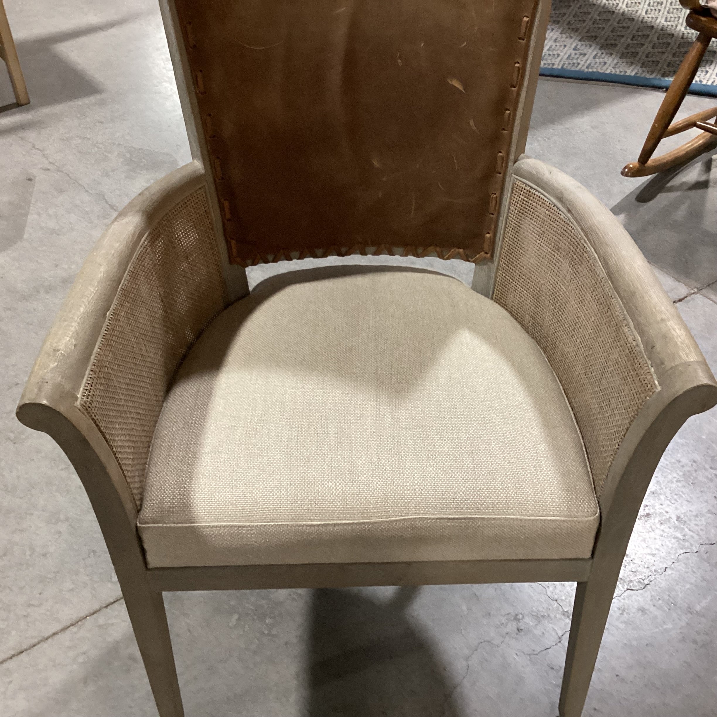 Washed Grey Wood Woven Sides Leather Back Linen Seat Chair 26"x 23"x 35"