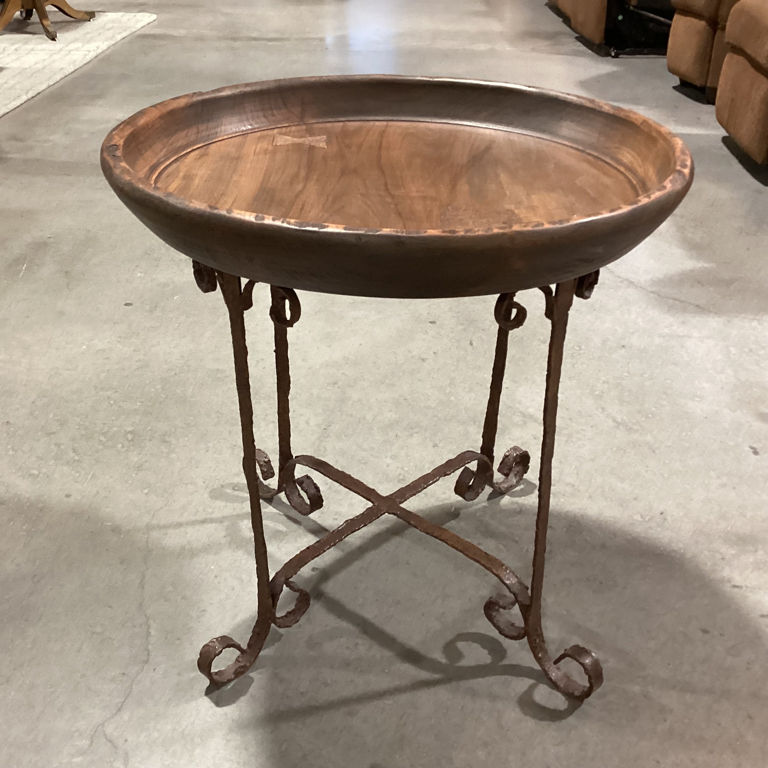 Rustic Round Tray with Bowtie & Iron Accent Table 25" Diameter x 25"