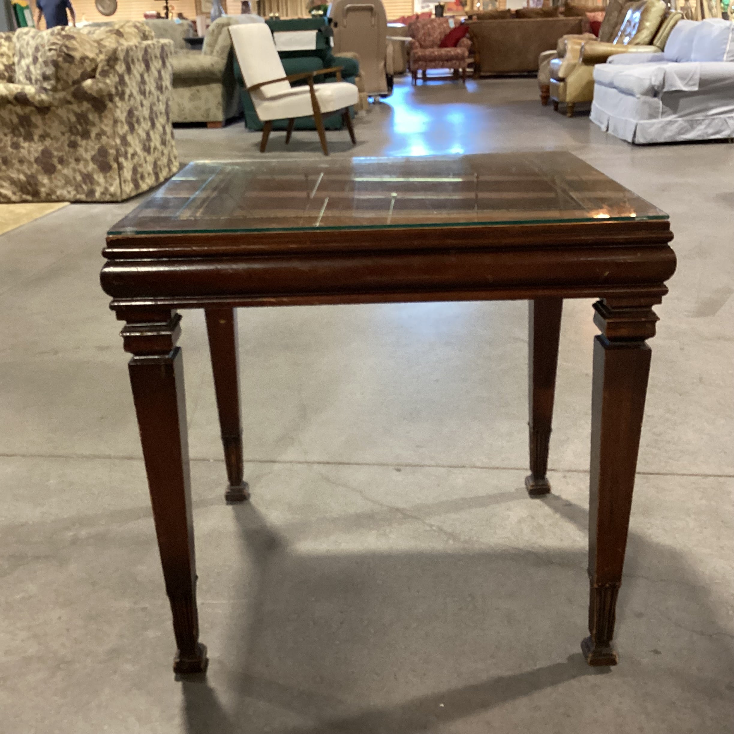 Vintage Finished Carved Wood Veneer Band & Inset Leather Glass Top End Table 27"x 23"x 27"