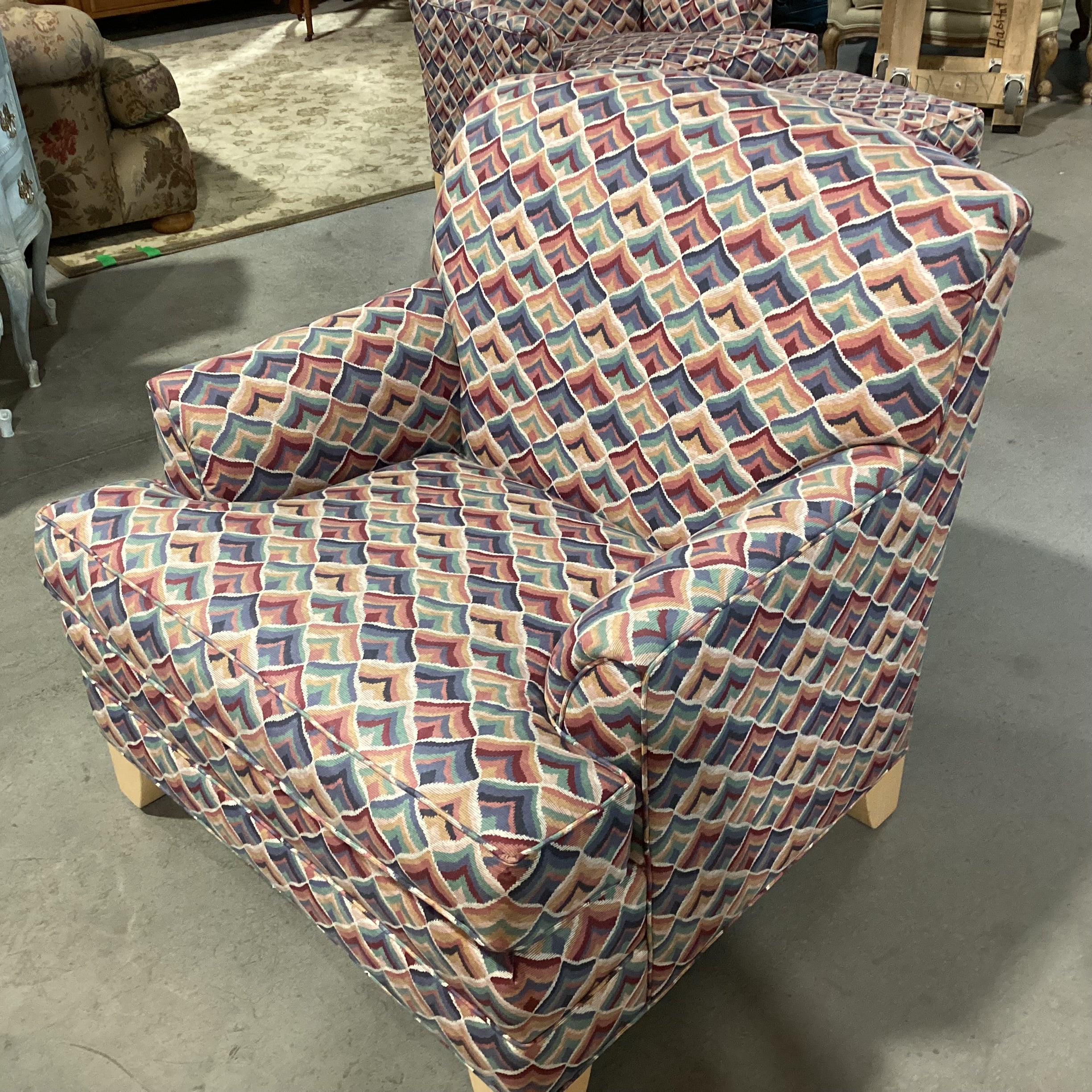 Ethan Allen Blue Red Pink Green Fan Design Chair 34"x 32"x 35"