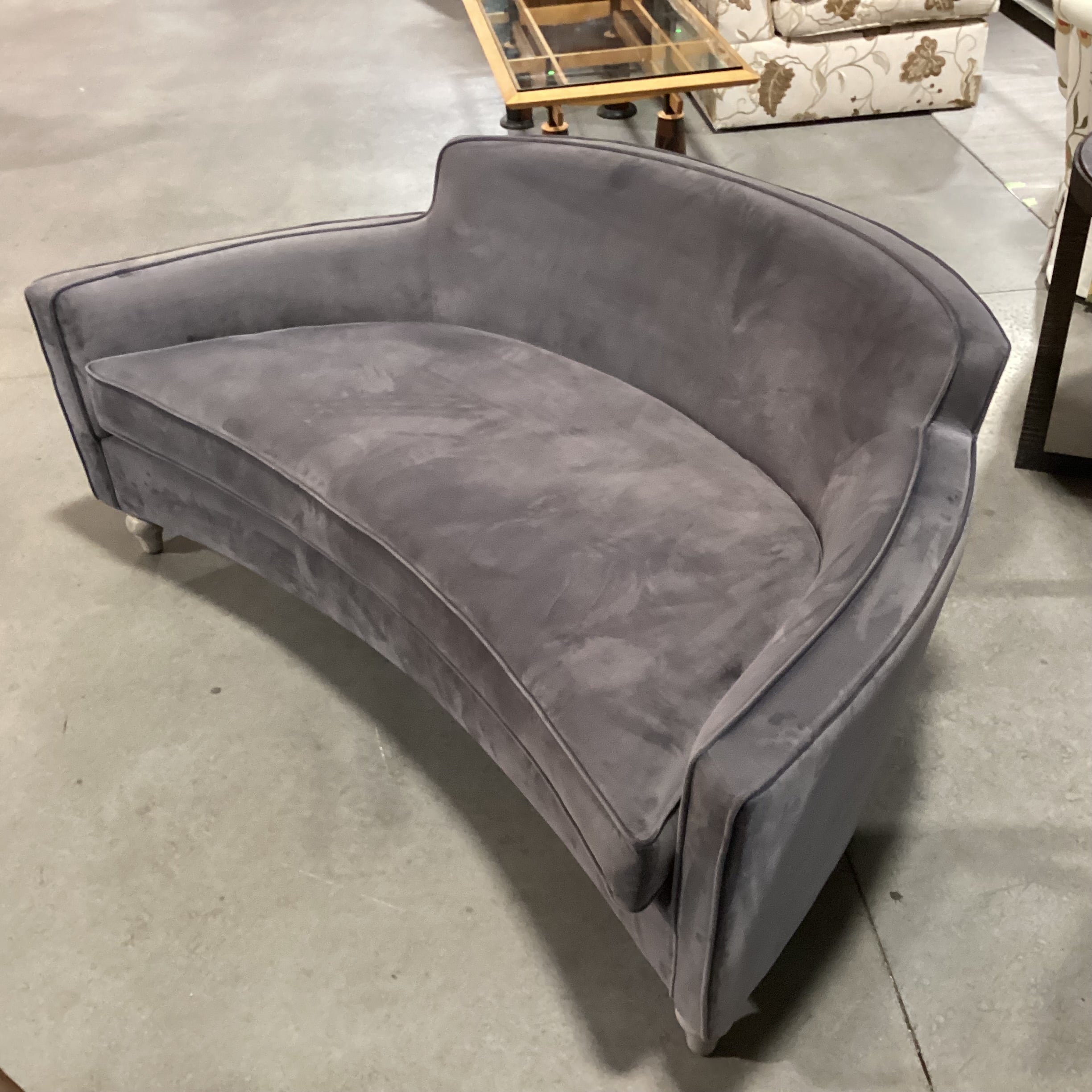 Grey Plush Velvet with French Washed Oak Feet Curved Sofa 70"x 41"x 29"
