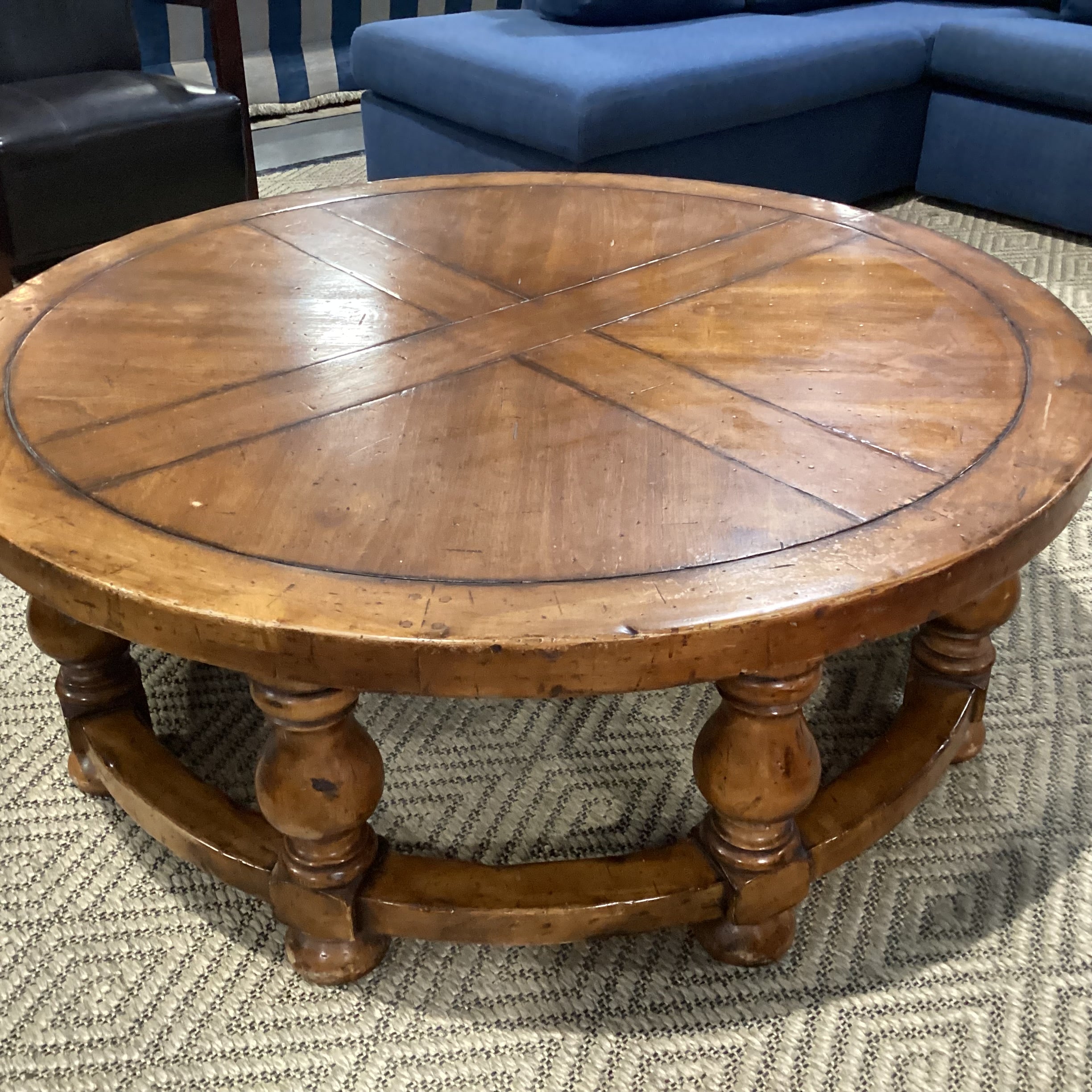 Round Carved Distressed Finish Wood Coffee Table 54" Diameter x 20"