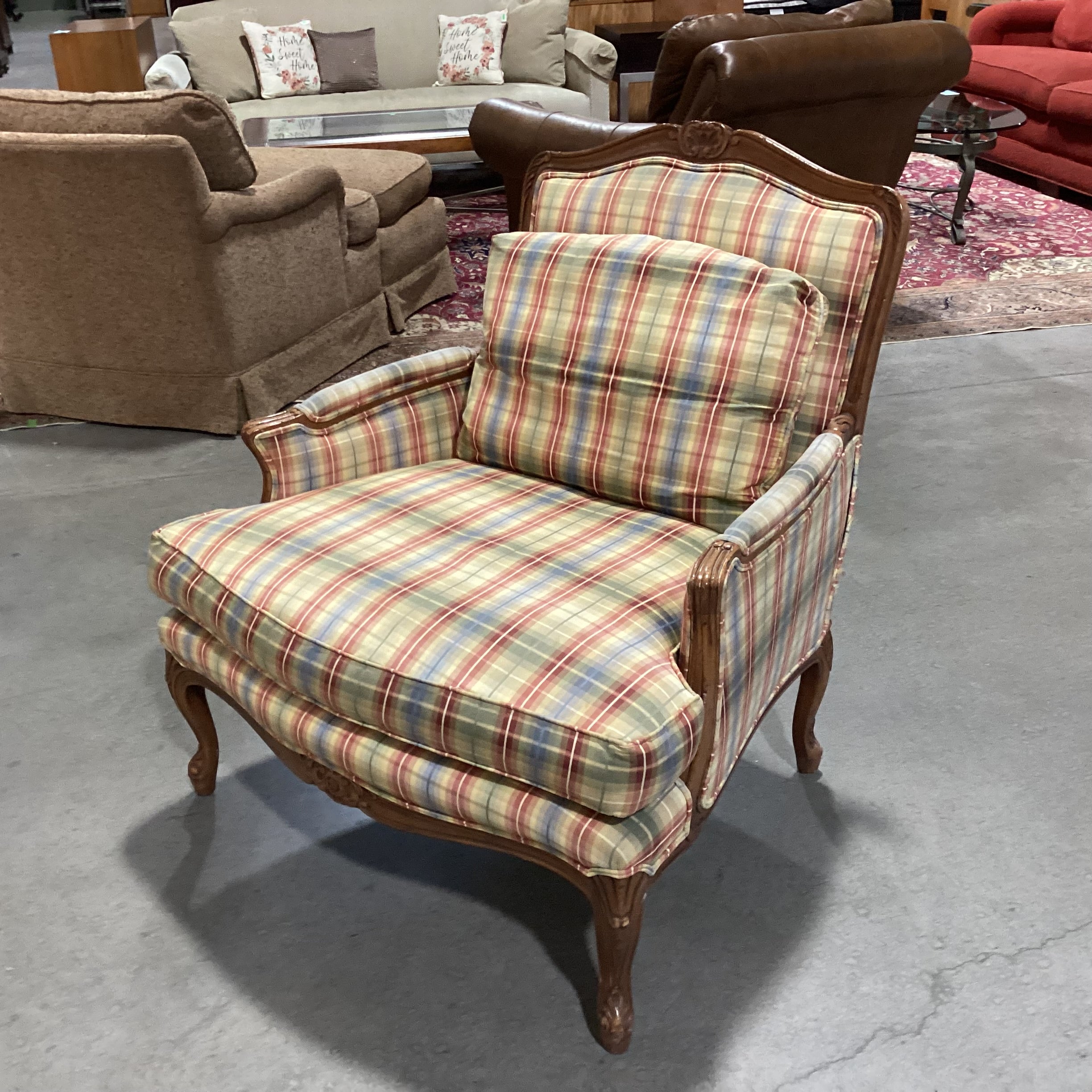 French Provincial Style Carved Wood & Plaid Down with Ottoman Chair 37"x 34"x 38"