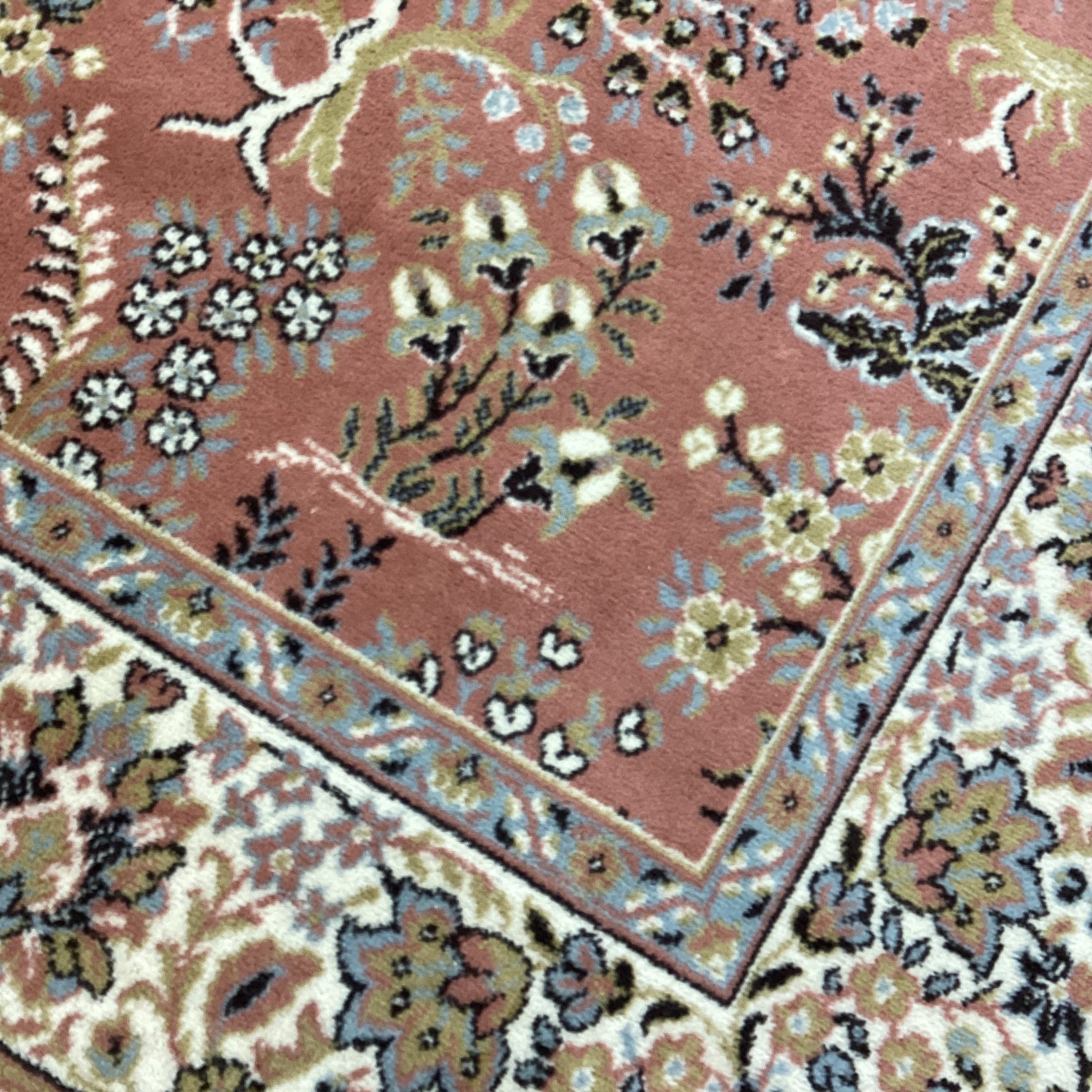 Galaxy Made in Belgium Vintage Salmon Blue Grey & Gold Leaf Floral Pure Virgin Wool Pile Rug 7'11"x 11'4"