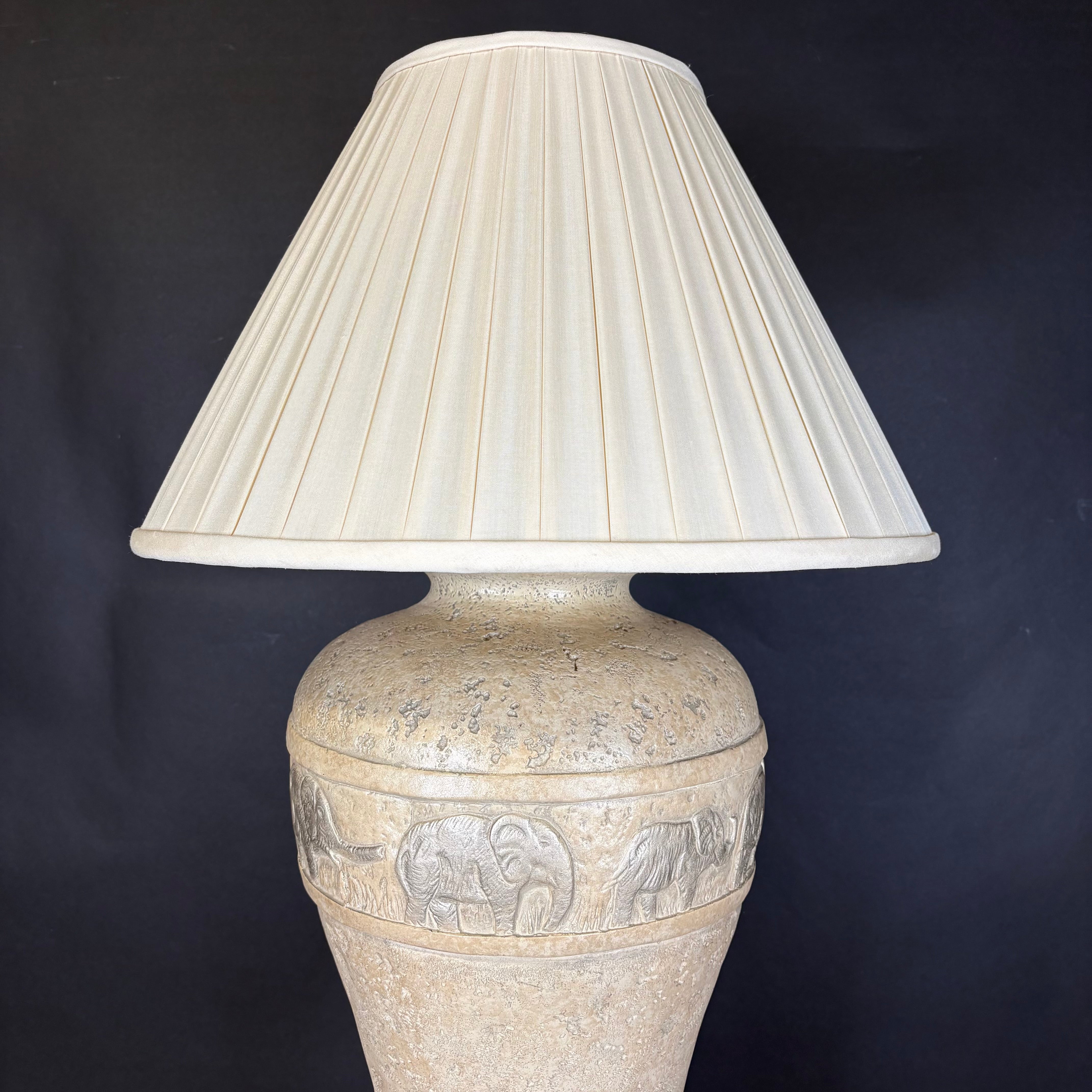 Vintage Post Modern Cream Faux Stone and Elephant Detailing with Shade Floor Lamp 20” Diameter @ Shade x 60”